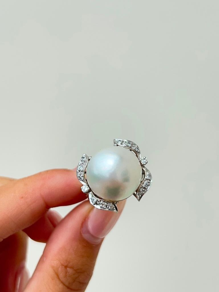 Huge 18ct white gold maybe pearl and diamond cocktail ring - 10