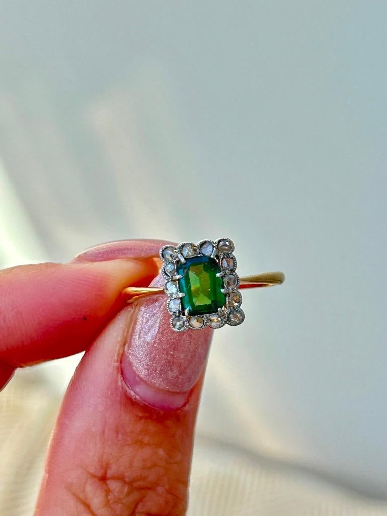 *18ct Yellow Gold and Platinum Green Tourmaline and Diamond Panel Ring - 11