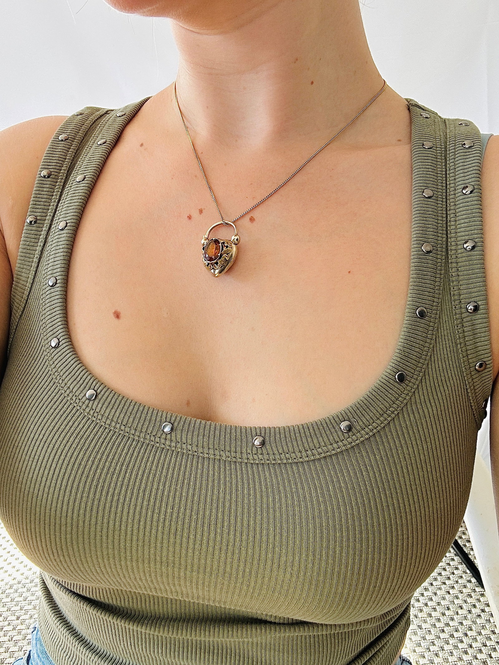 Antique 9ct Gold Citrine Locket Back Puffy Heart Padlock - 5