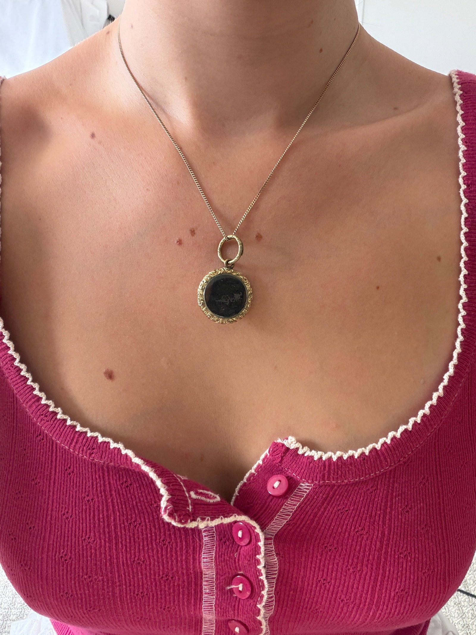 Antique Enamel Engraved Hair Locket Back Mourning Pendant - 2