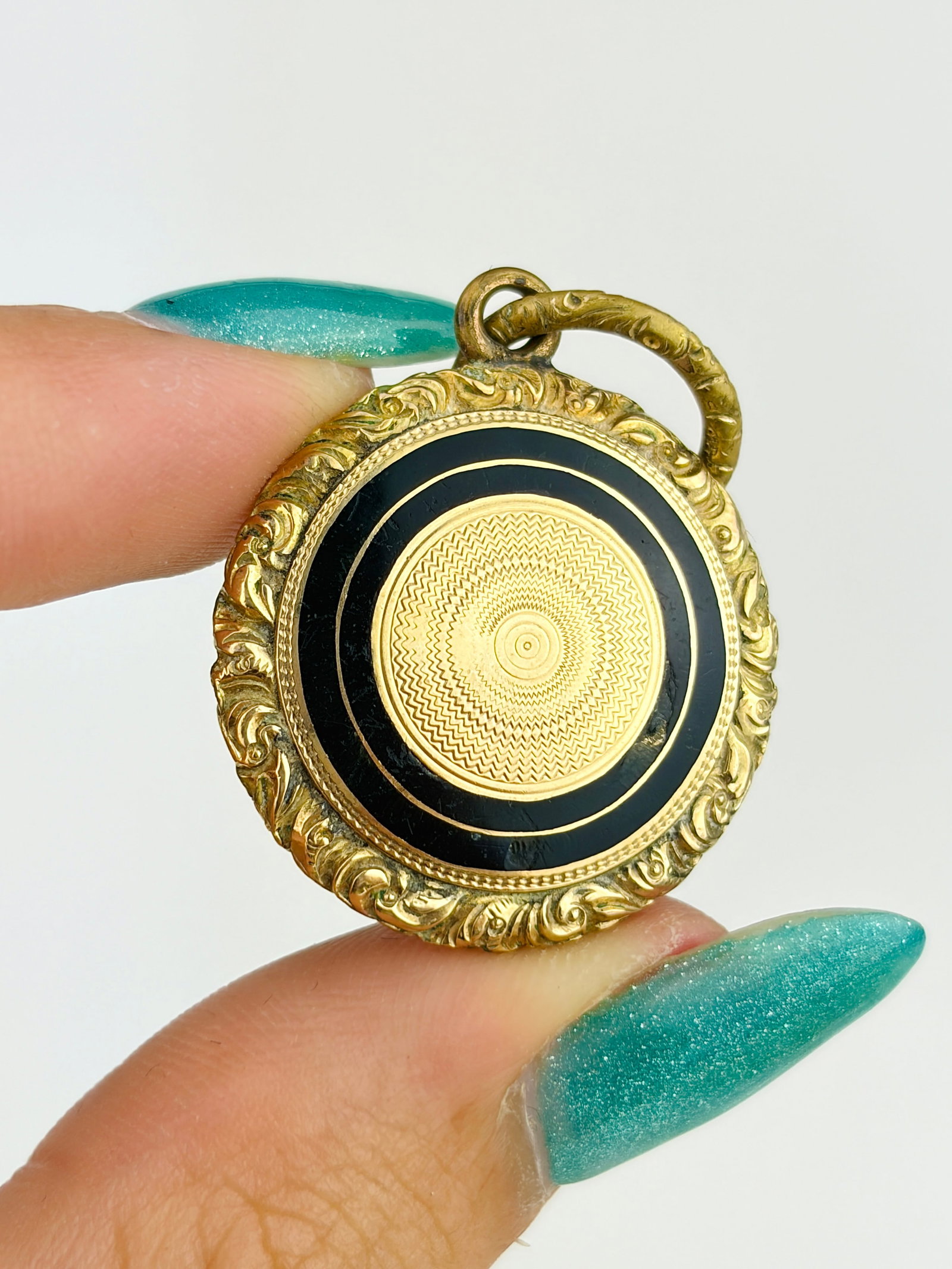 Antique Enamel Engraved Hair Locket Back Mourning Pendant - 3