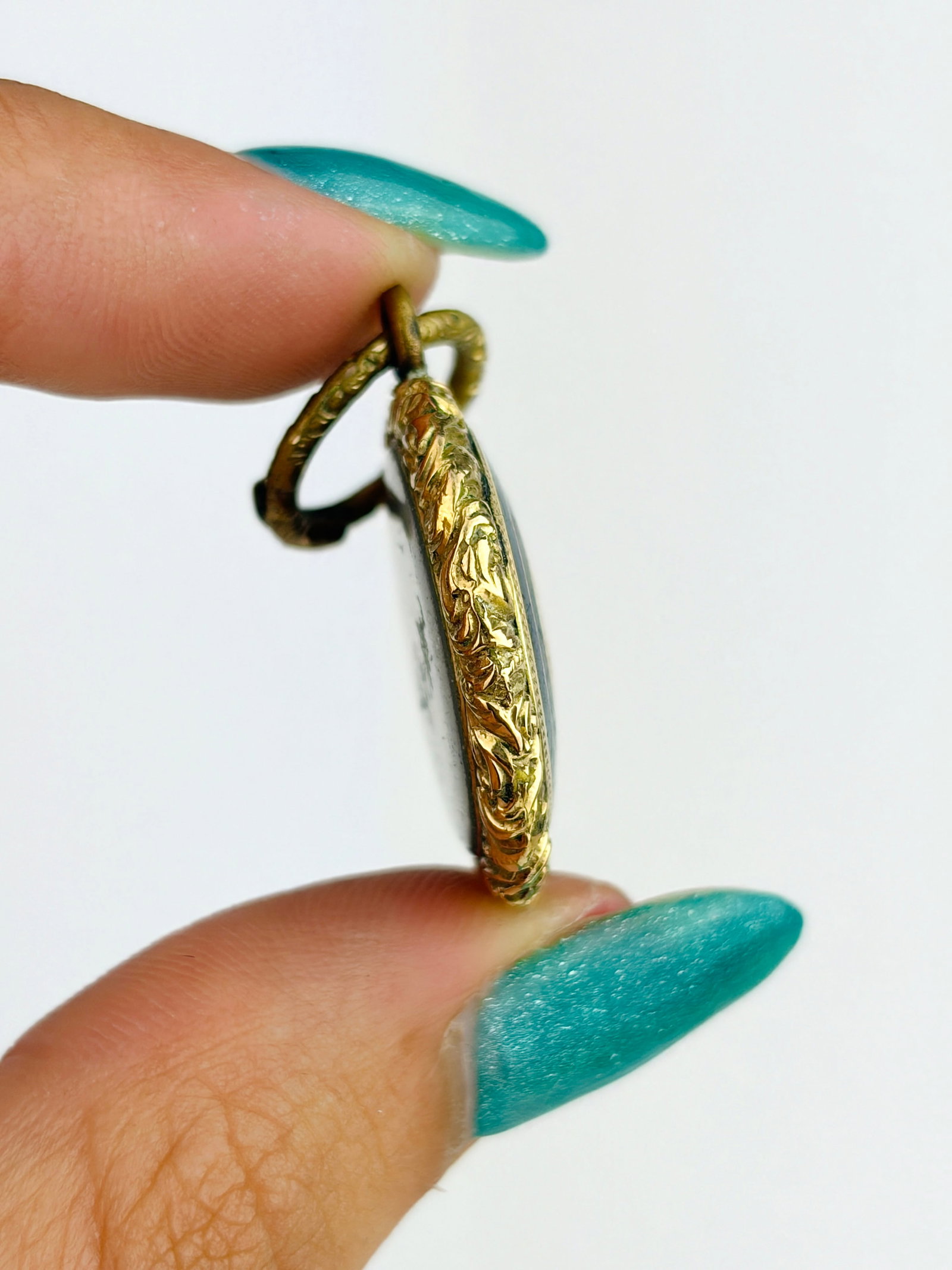 Antique Enamel Engraved Hair Locket Back Mourning Pendant - 4