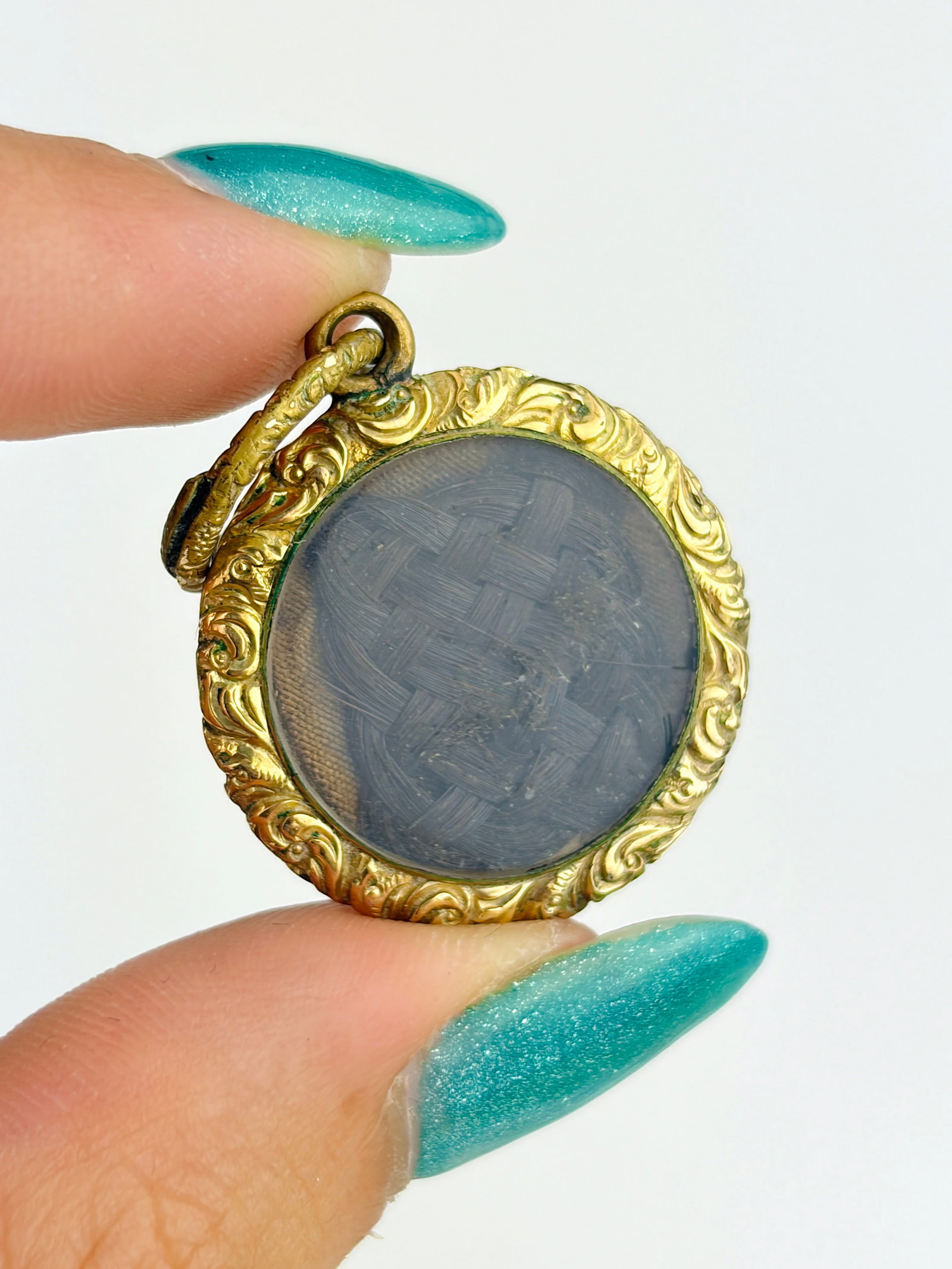 Antique Enamel Engraved Hair Locket Back Mourning Pendant - 5