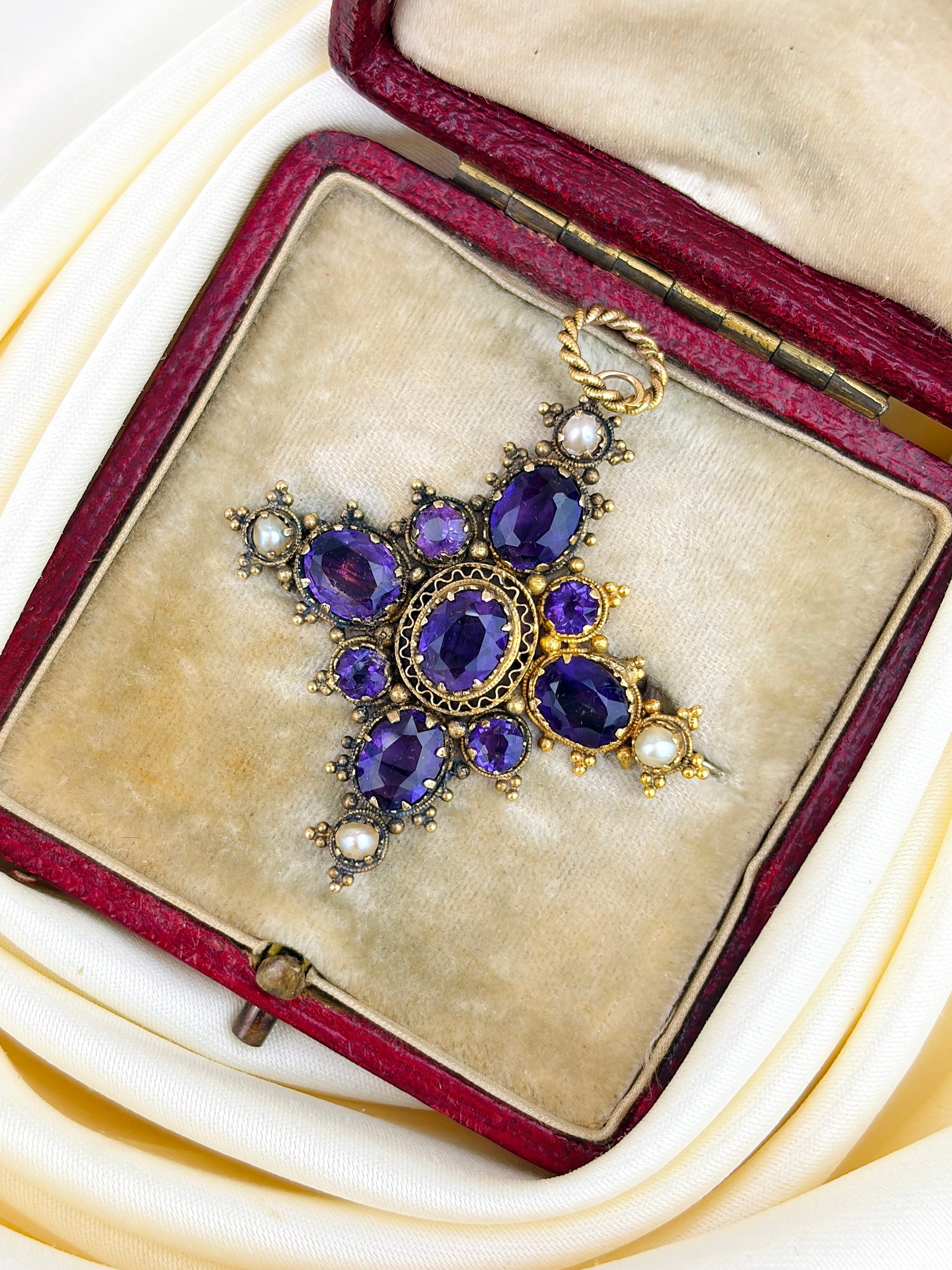 Georgian Era Boxed Amethyst and Pearl Pendant/Brooch in Gold (1 of 9)