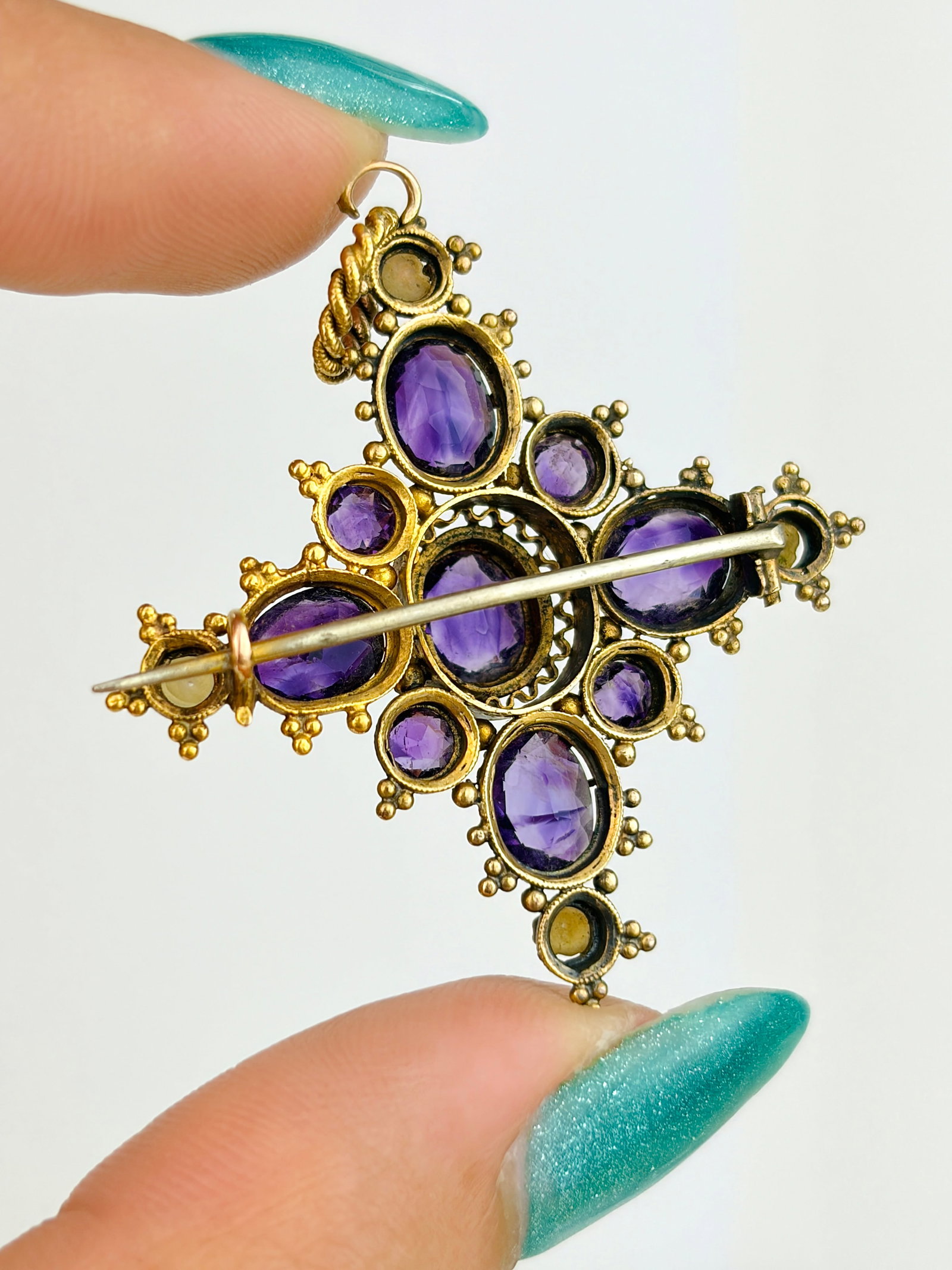 Georgian Era Boxed Amethyst and Pearl Pendant/Brooch in Gold - 5