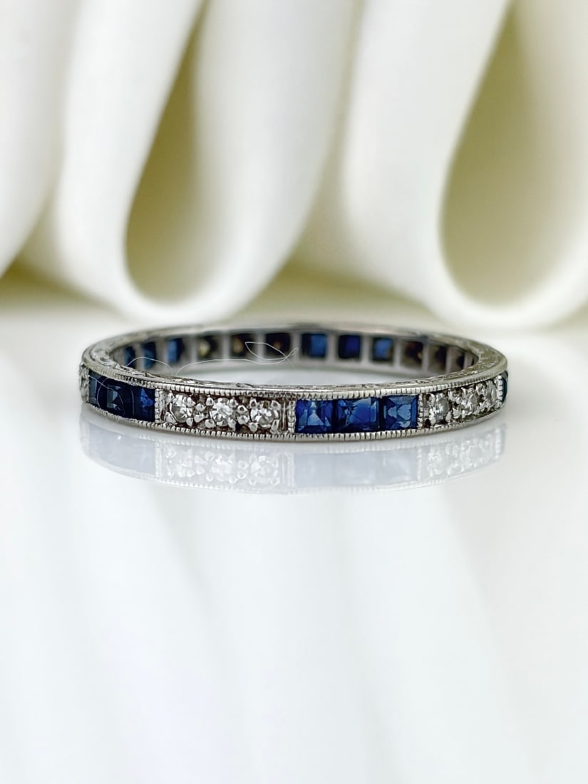 Antique Art Deco Platinum Sapphire and Diamond Full Eternity Band Ring: Antique Art Deco Platinum Sapphire and Diamond Full Eternity Band Ring Gorgeous art deco era full eternity band ring featuring alternating triplets of sapphires and diamonds set in platinum. It even i