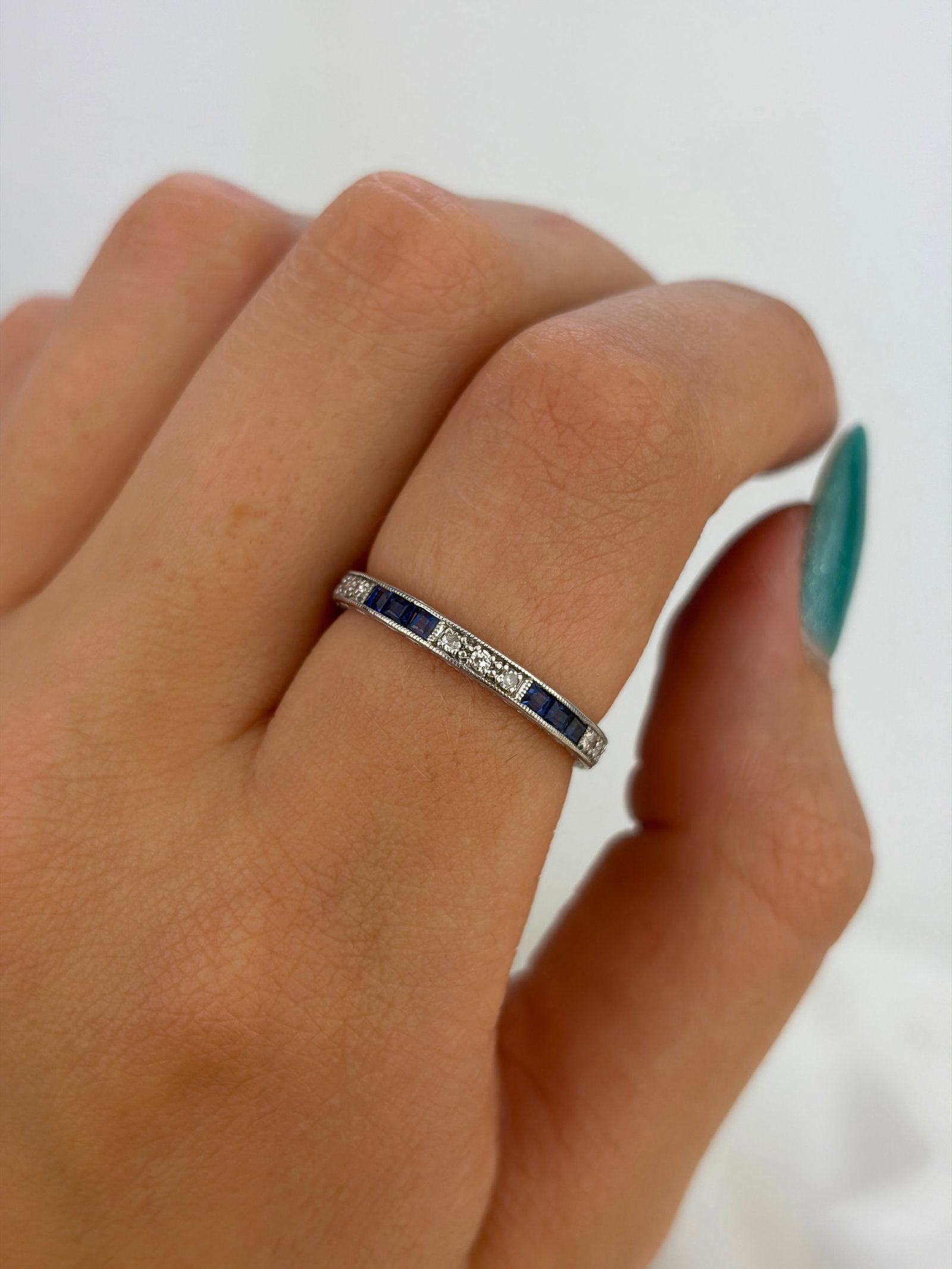 Antique Art Deco Platinum Sapphire and Diamond Full Eternity Band Ring - 7