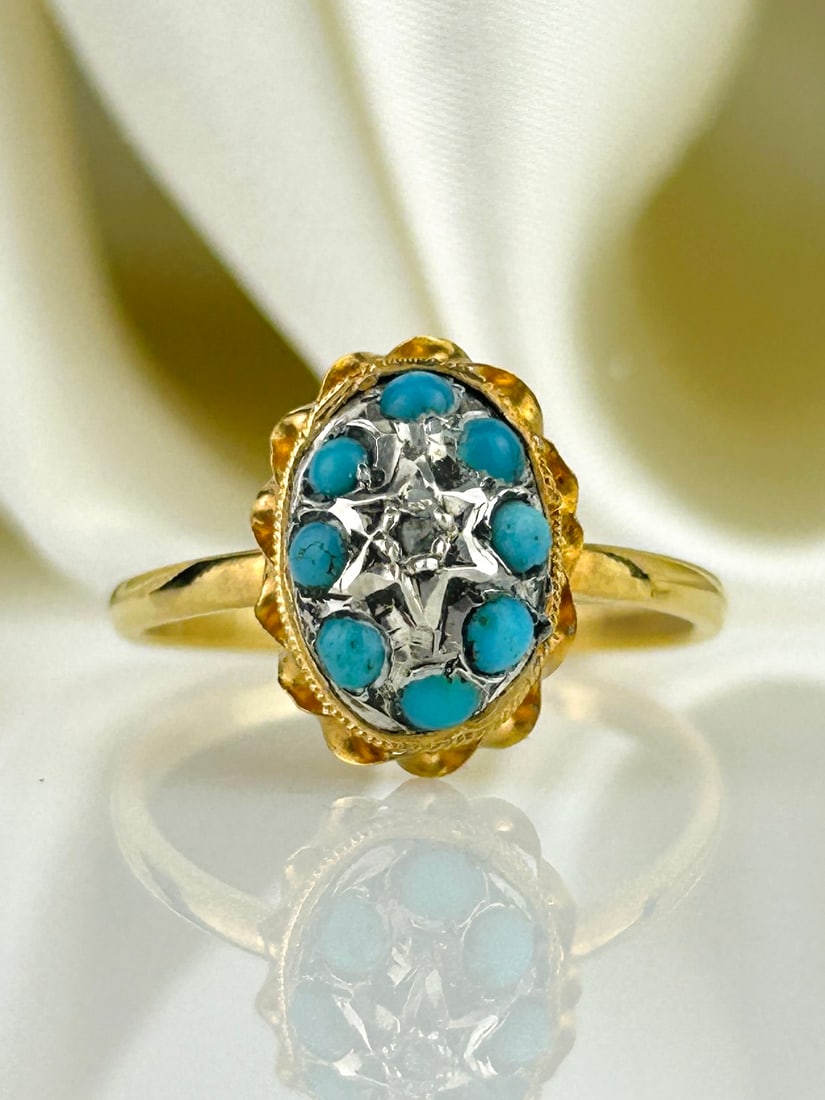 Antique Victorian Turquoise and Rose Cut Diamond Cluster Dome Ring in 15ct Gold: Antique Victorian Turquoise and Rose Cut Diamond Cluster Dome Ring in 15ct Gold Weight: 1.93g Size: UK N, US 7, Face of ring 12x9mm, Height off finger 6mm Materials: 15ct gold Hallmarks: