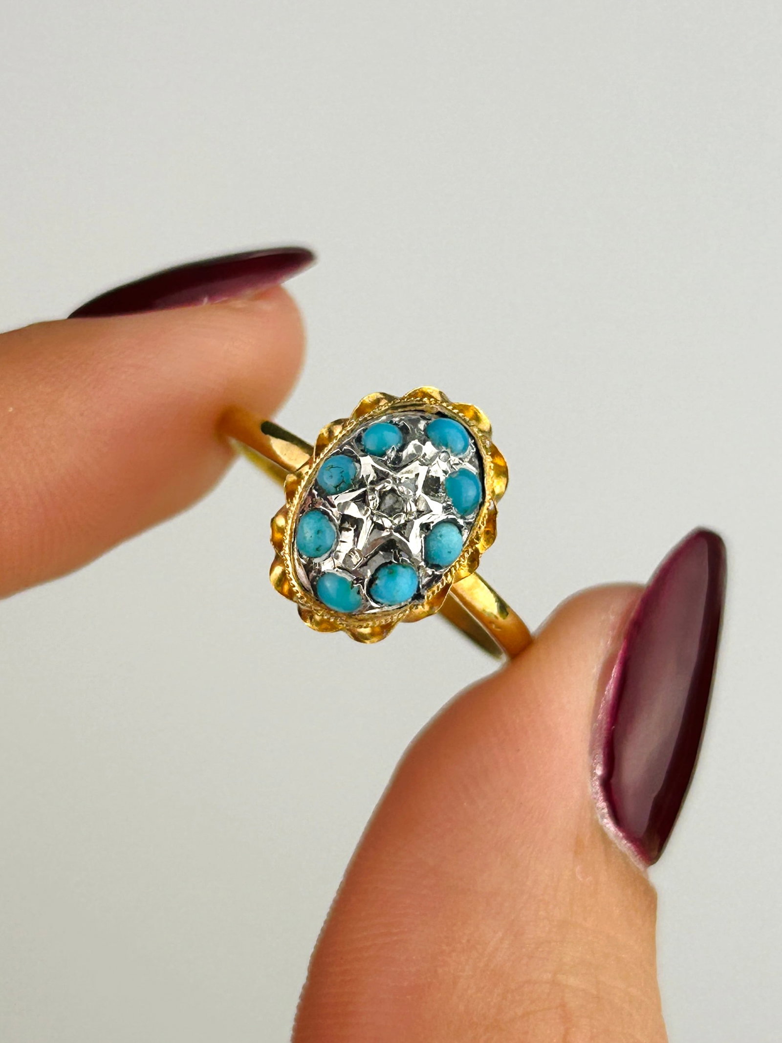 Antique Victorian Turquoise and Rose Cut Diamond Cluster Dome Ring in 15ct Gold - 5