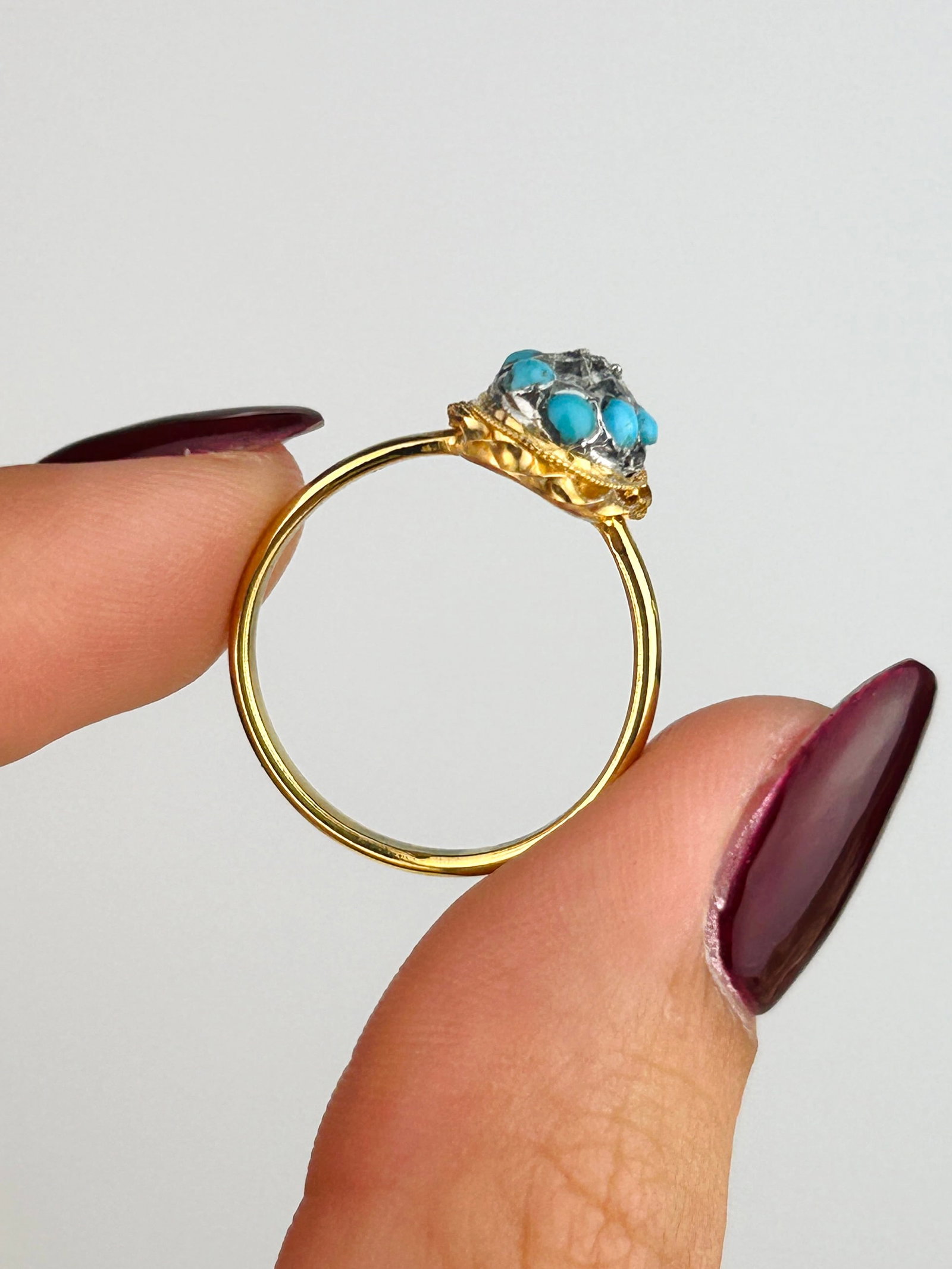 Antique Victorian Turquoise and Rose Cut Diamond Cluster Dome Ring in 15ct Gold - 6
