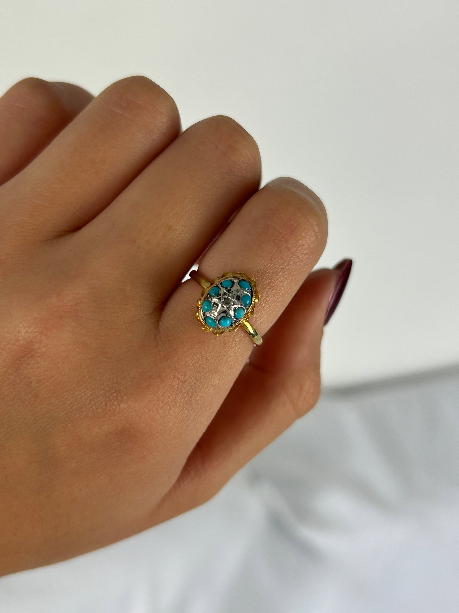 Antique Victorian Turquoise and Rose Cut Diamond Cluster Dome Ring in 15ct Gold - 8