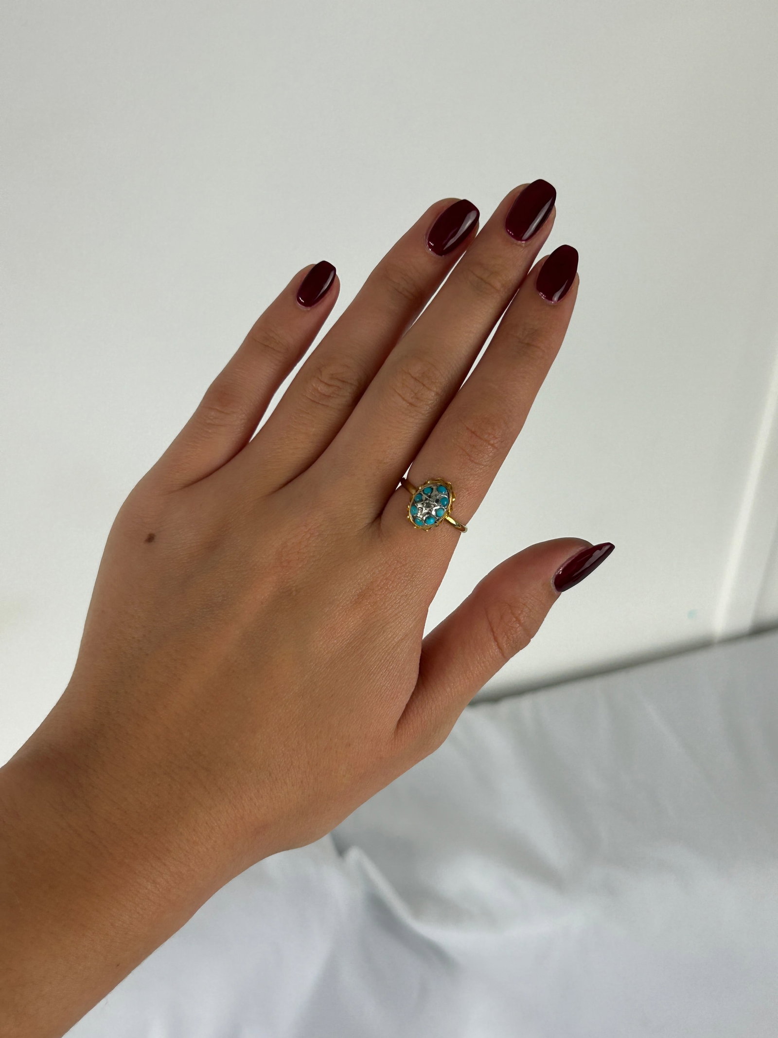 Antique Victorian Turquoise and Rose Cut Diamond Cluster Dome Ring in 15ct Gold - 9