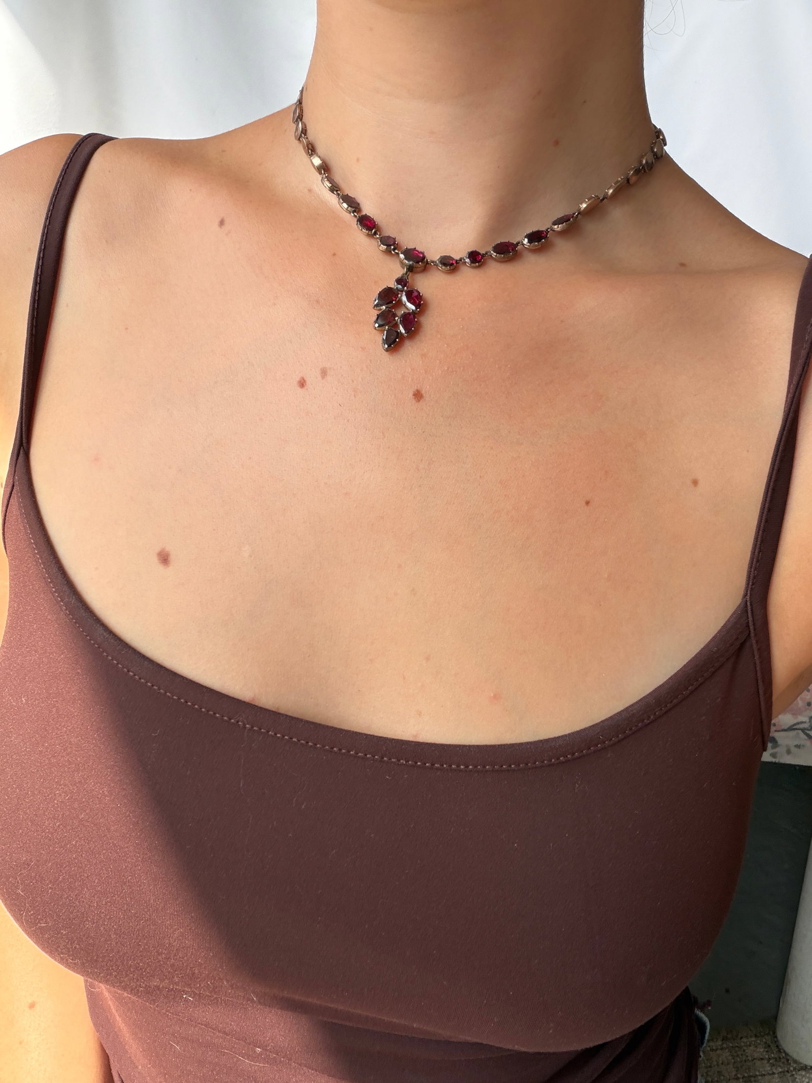 Antique Flat Cut Garnet Riviere Necklace with Drop in Gold - 7