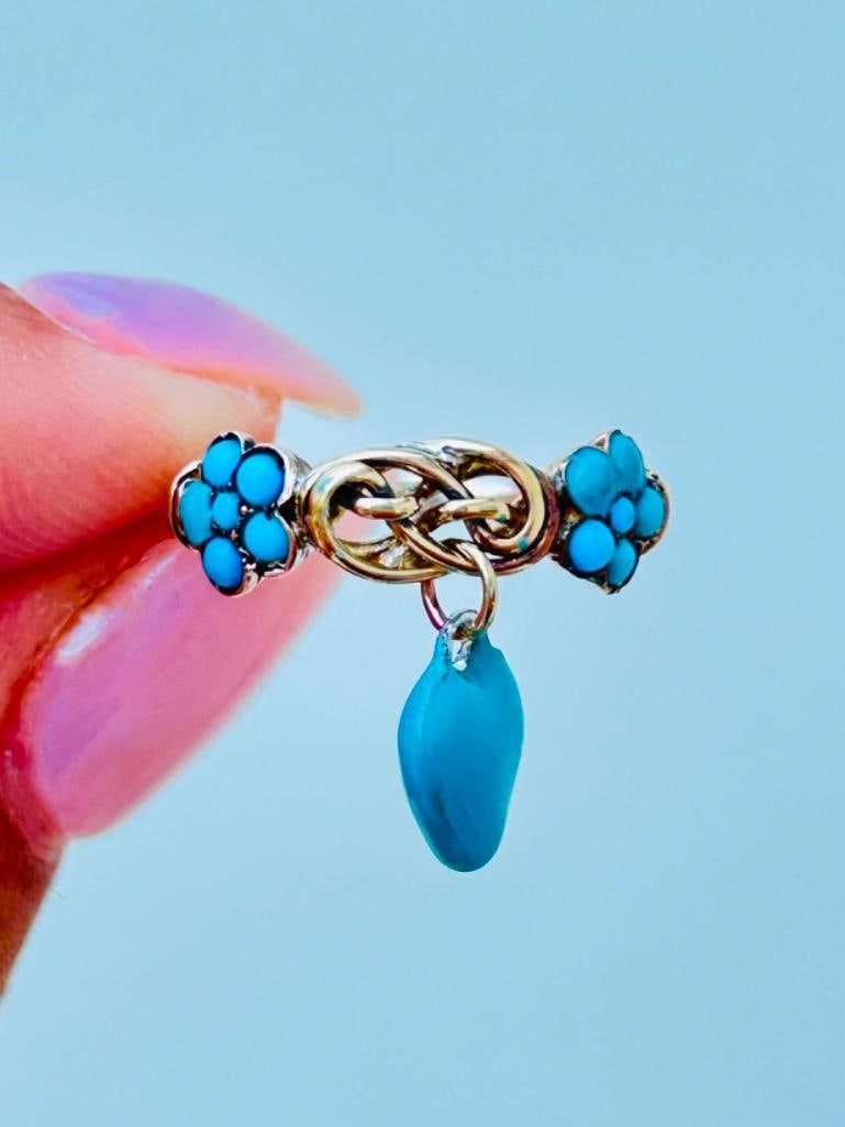 Antique Lovers Knot Hanging Heart Blue Enamel Ring in Yellow Gold - 2