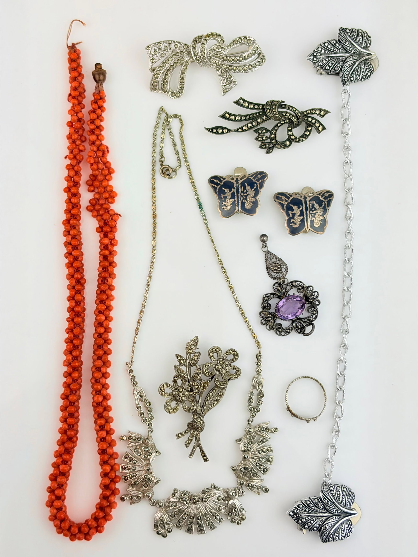 Mixed Lot - Silver Marcasite Necklace, Coral Beaded Necklace, Brooches etc (1 of 6)