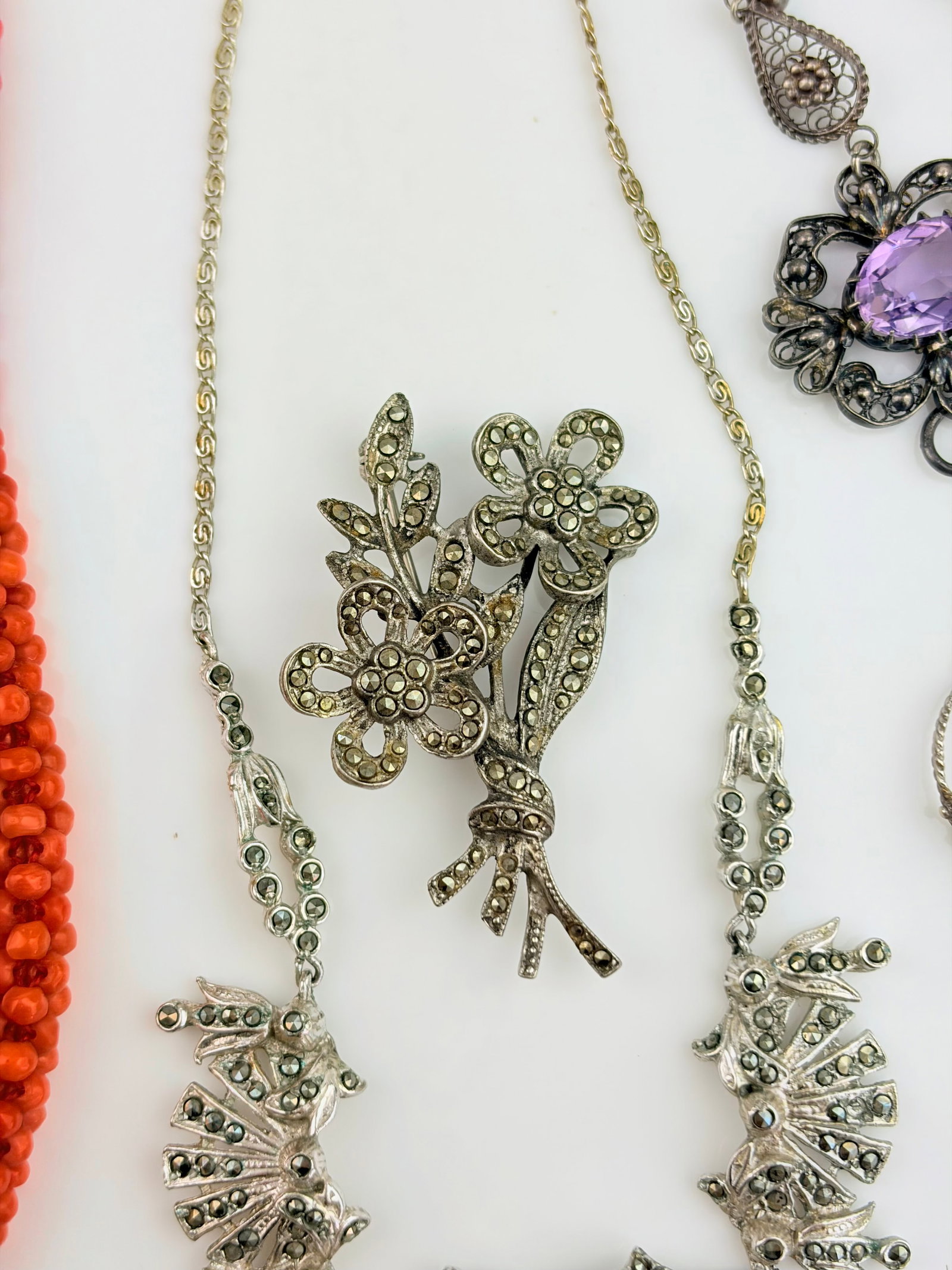 Mixed Lot - Silver Marcasite Necklace, Coral Beaded Necklace, Brooches etc - 3