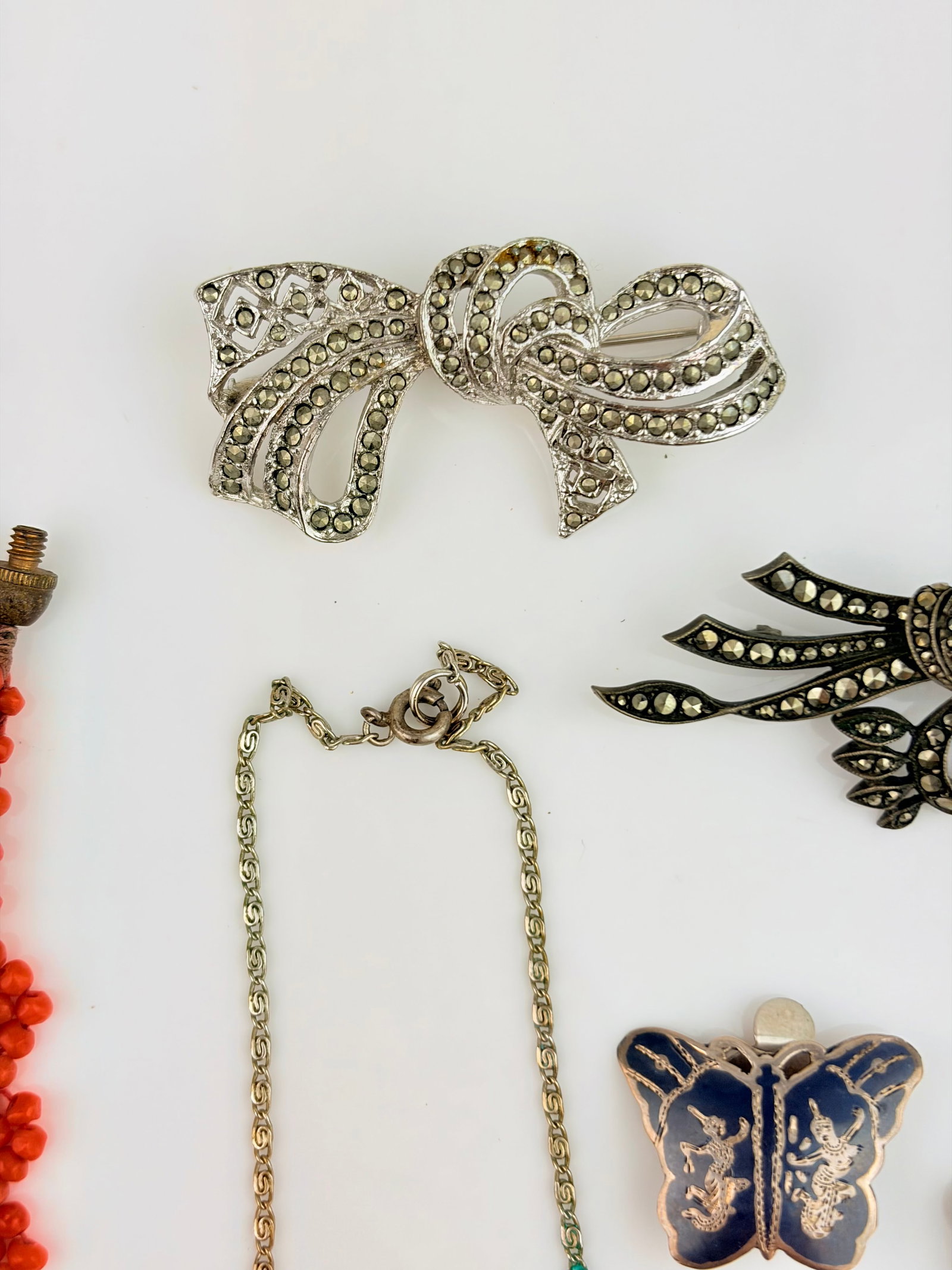 Mixed Lot - Silver Marcasite Necklace, Coral Beaded Necklace, Brooches etc - 5