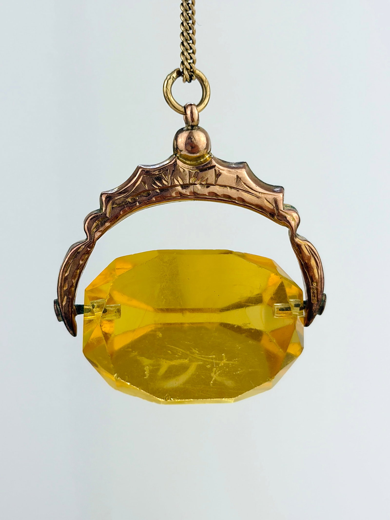 Antique c.1912 9ct Gold Yellow Paste Spinning Fob Pendant (1 of 6)
