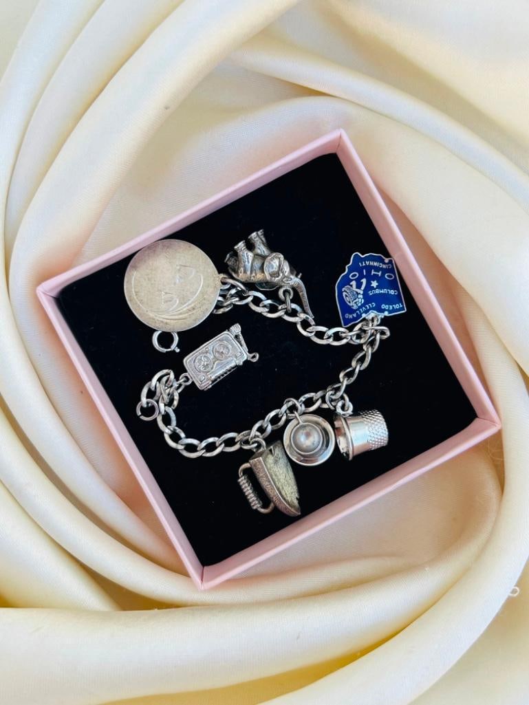 Heavy Vintage Silver Curb Link Charm Bracelet - 5