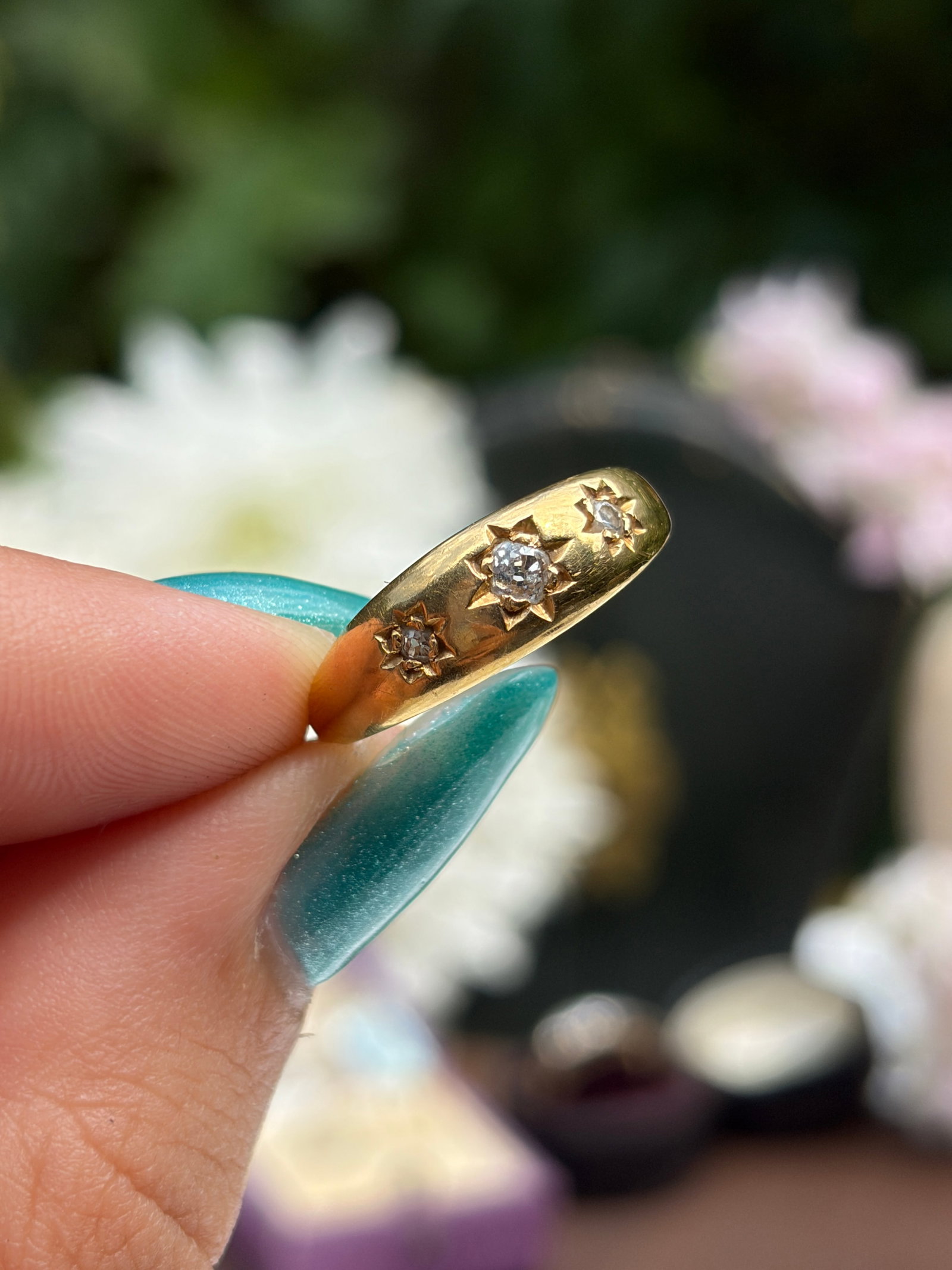 Antique Victorian Era 18ct Yellow Gold Diamond 3 Stone Star Ring - 10