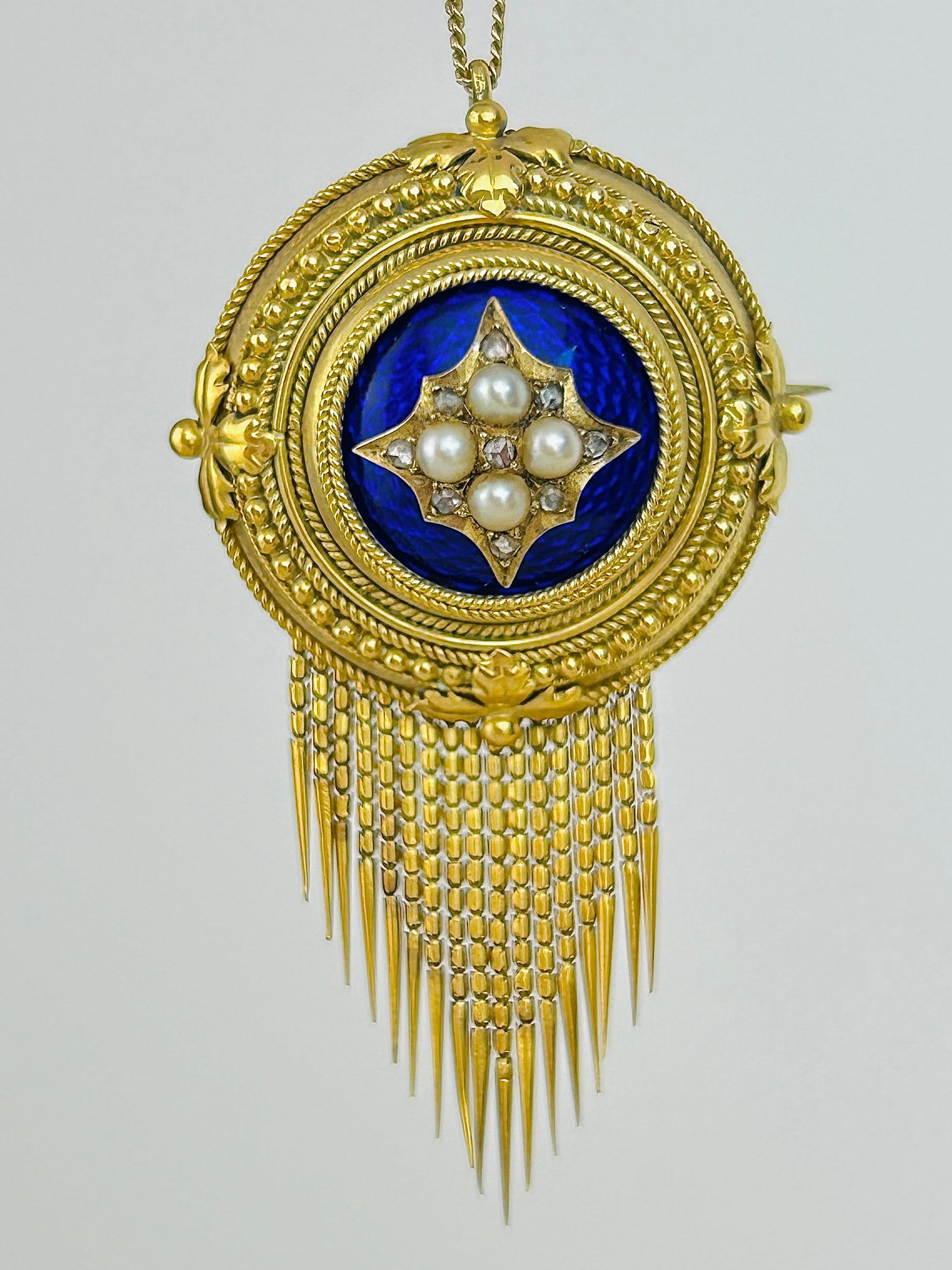 Antique Victorian Blue Enamel, Pearl and Diamond 18ct Gold Tassel Brooch: Antique Victorian Blue Enamel, Pearl and Diamond 18ct Gold Tassel Brooch
