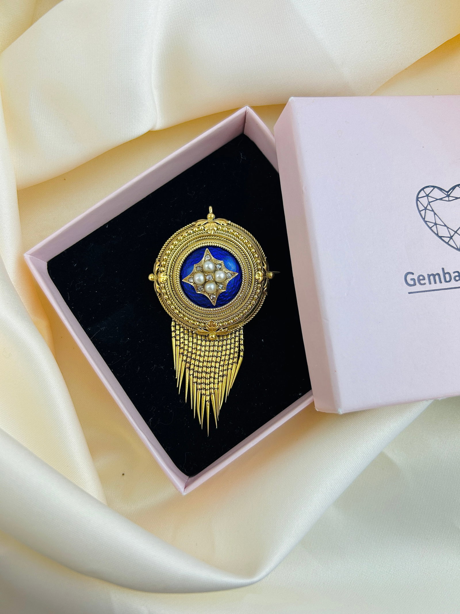 Antique Victorian Blue Enamel, Pearl and Diamond 18ct Gold Tassel Brooch - 8