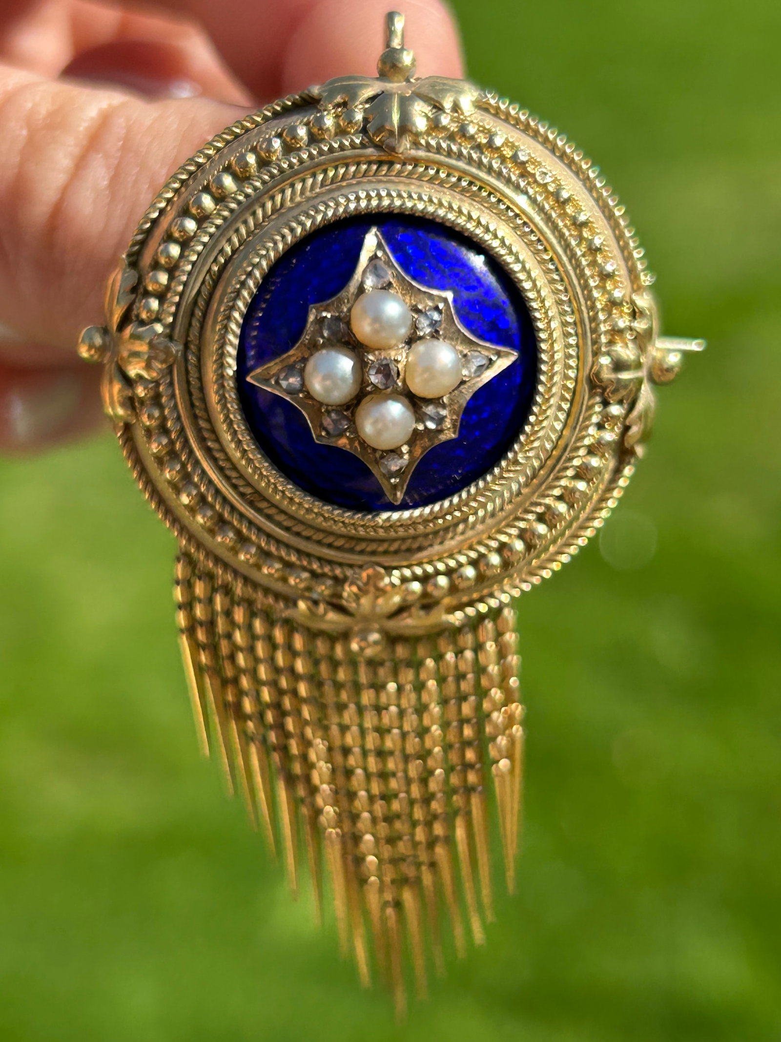 Antique Victorian Blue Enamel, Pearl and Diamond 18ct Gold Tassel Brooch - 9