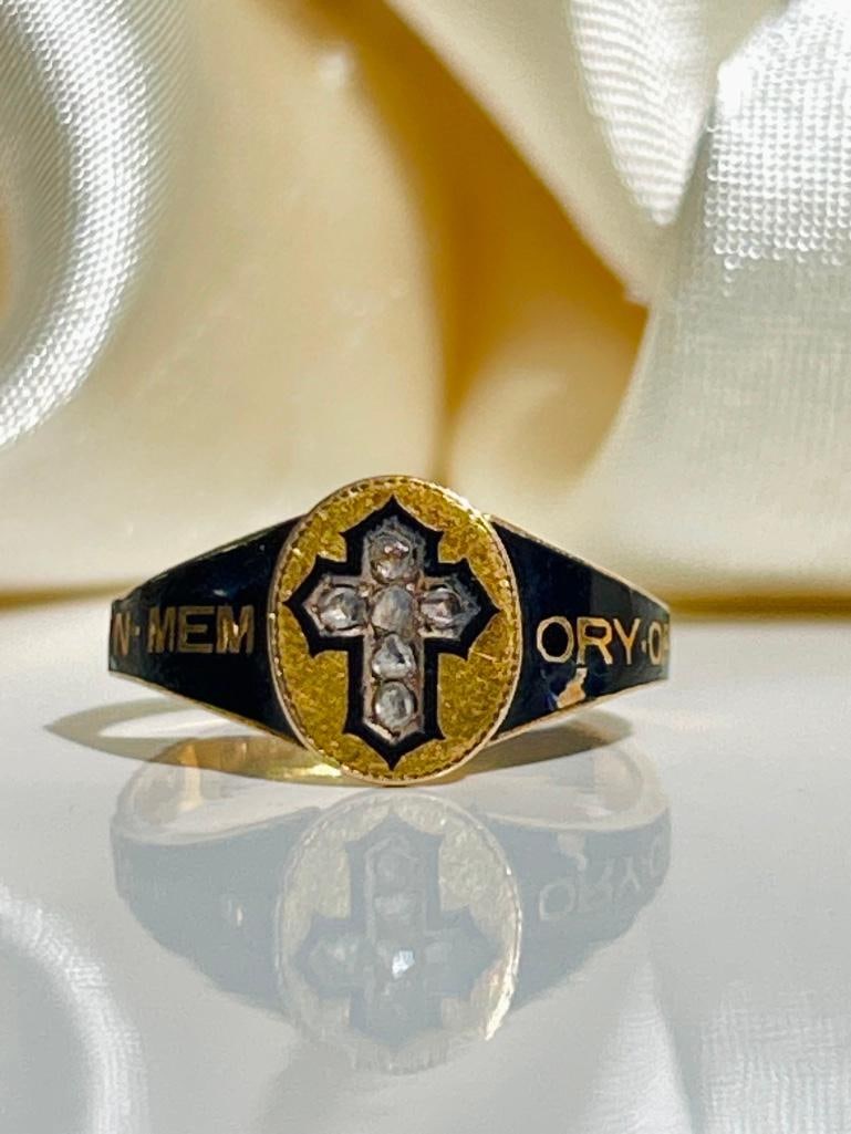 Antique 18ct yellow gold black enamel mourning band ring with rose cut diamond cross: Antique 18ct yellow gold black enamel mourning band ring with rose cut diamond cross truly charming and special in memory off ring measurements size UK Q1/2 US 81/2 head of ring 10mm x 8mm weigh