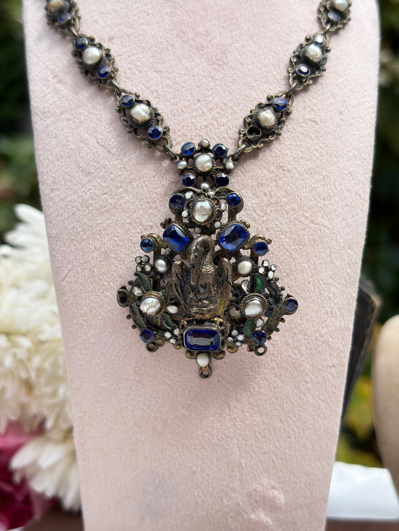 Antique Austro Hungarian Blue Stone and Pearl Necklace in Silver - 10