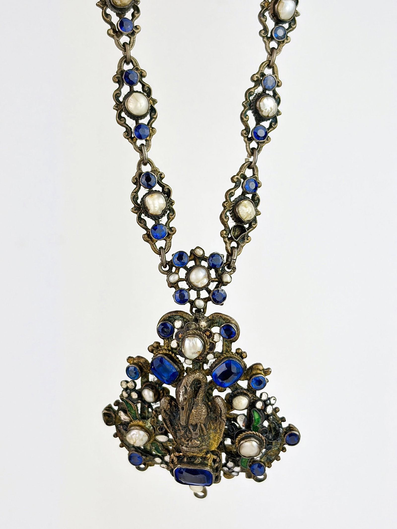 Antique Austro Hungarian Blue Stone and Pearl Necklace in Silver: Antique Austro Hungarian Blue Stone and Pearl Necklace in Silver Gorgeous design!
