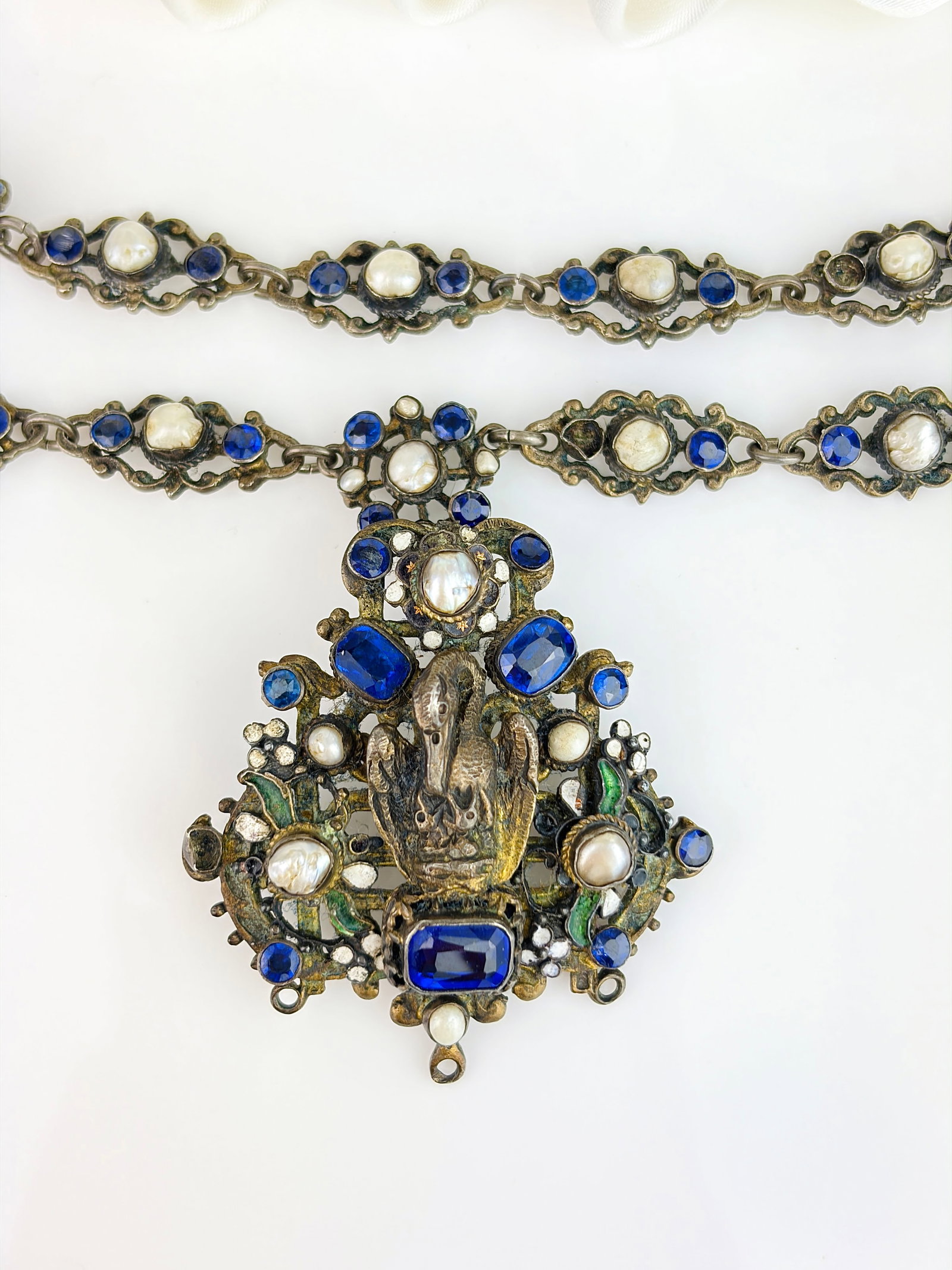 Antique Austro Hungarian Blue Stone and Pearl Necklace in Silver - 2