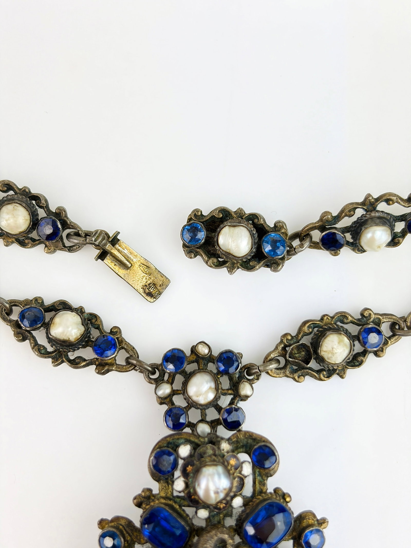 Antique Austro Hungarian Blue Stone and Pearl Necklace in Silver - 5