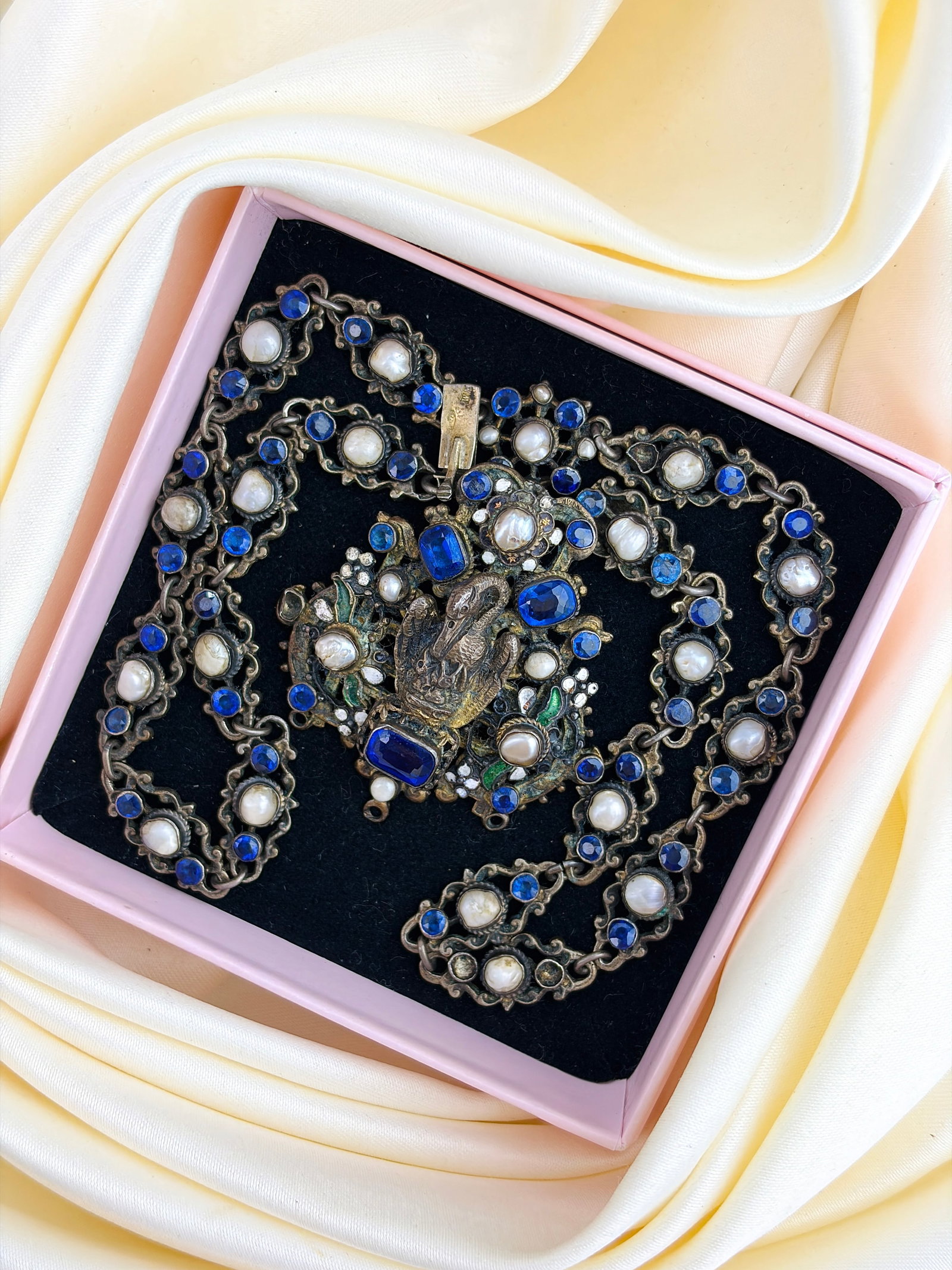 Antique Austro Hungarian Blue Stone and Pearl Necklace in Silver - 6