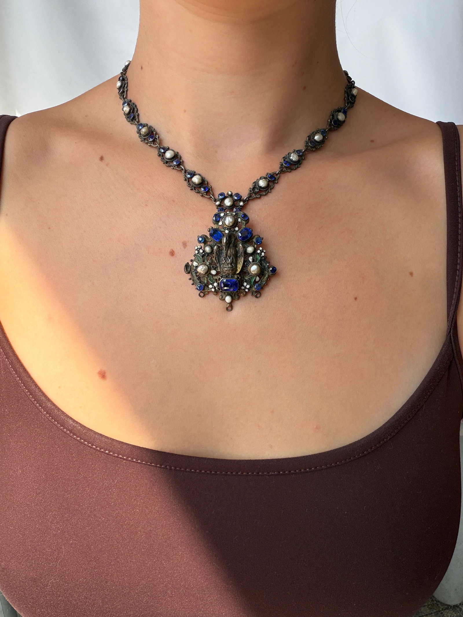 Antique Austro Hungarian Blue Stone and Pearl Necklace in Silver - 7
