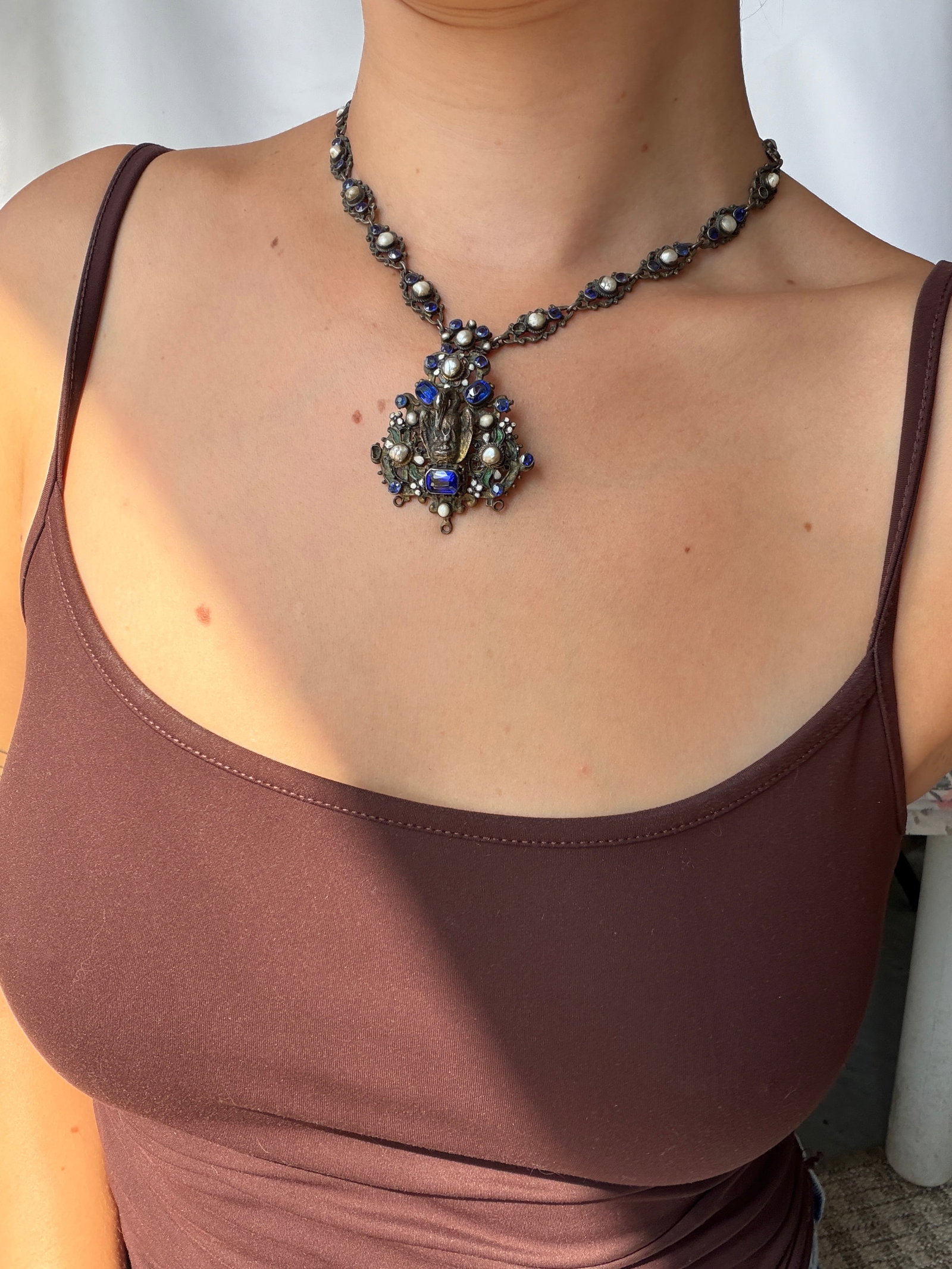 Antique Austro Hungarian Blue Stone and Pearl Necklace in Silver - 8