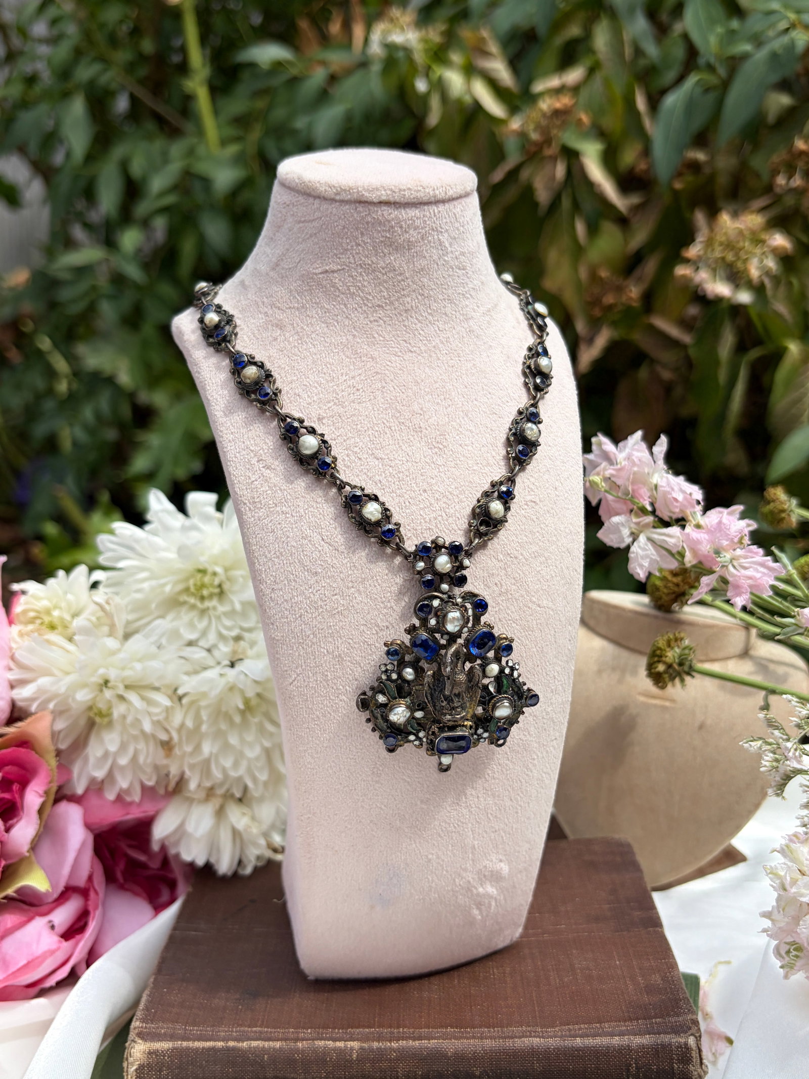 Antique Austro Hungarian Blue Stone and Pearl Necklace in Silver - 9