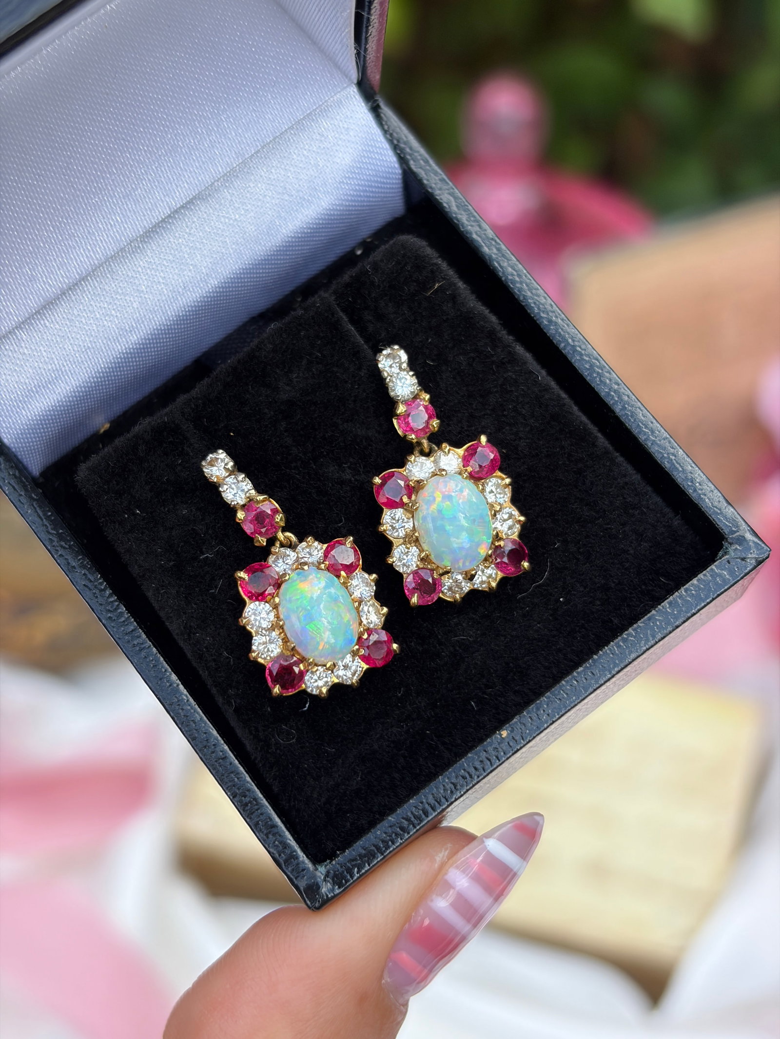 Vintage Boxed 18ct Gold Opal Ruby and Diamond Drop Earrings: Vintage Boxed 18ct Gold Opal Ruby and Diamond Drop Earrings A gorgeous pair of drop earrings! The earrings are 18ct gold and the backs are 9ct gold.