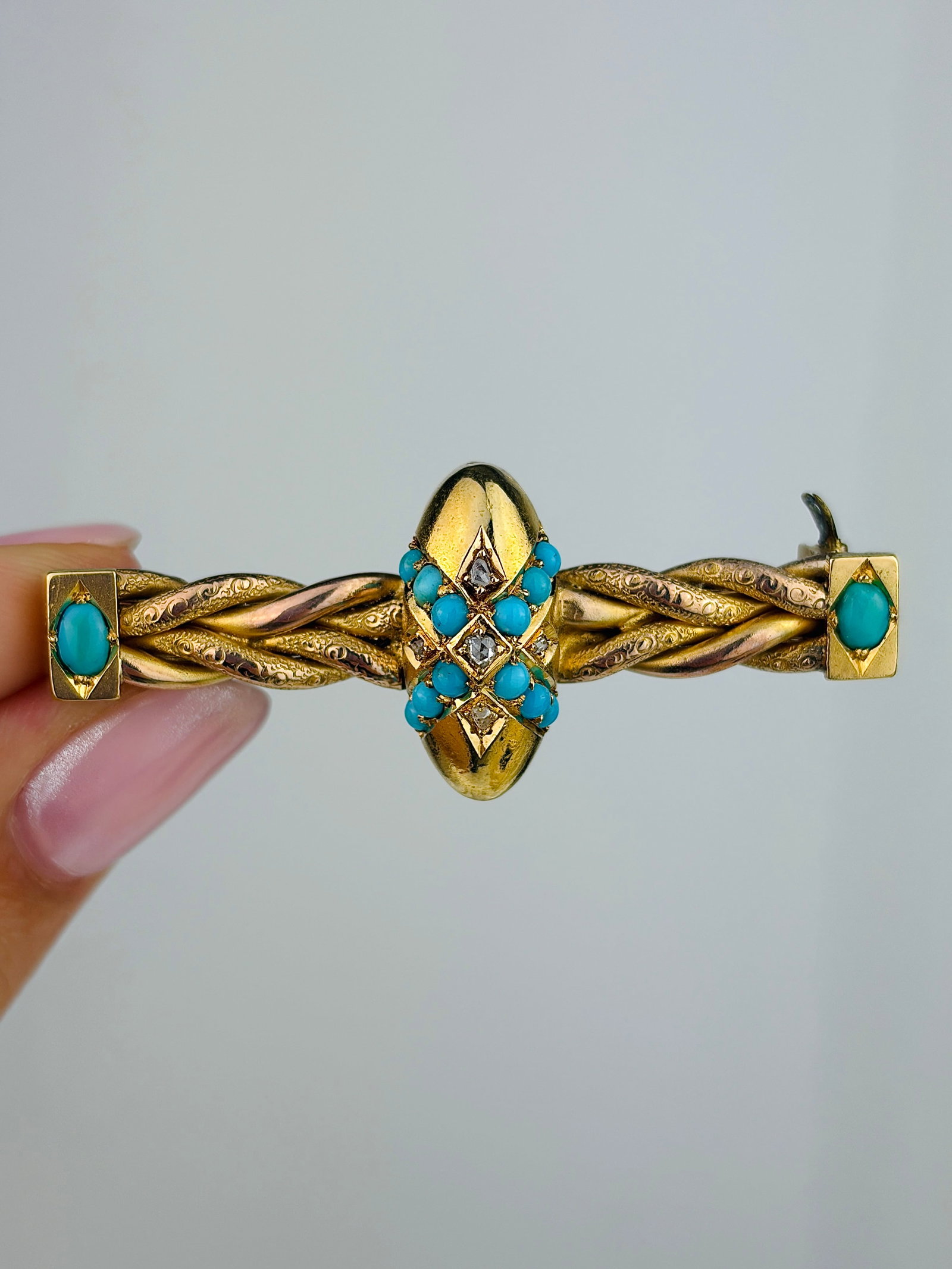 Antique 15ct Yellow Gold Turquoise and Rose Cut Diamond Bar Brooch (1 of 8)