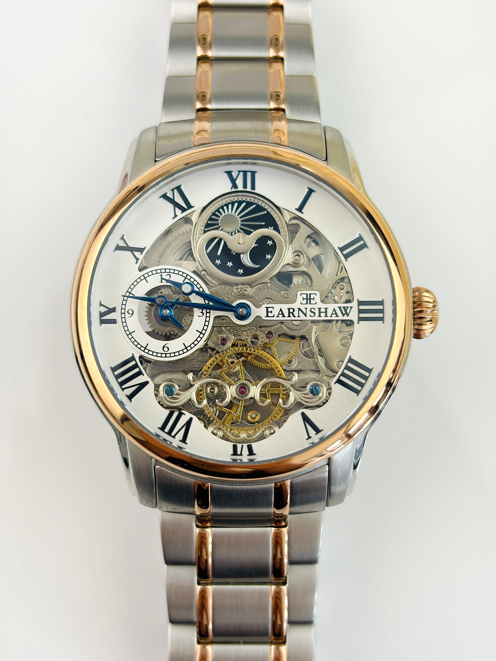 THOMAS EARNSHAW MENS DUAL TIME SKELETON WATCH WITH STAINLESS STEEL BRACELET: THOMAS EARNSHAW MENS DUAL TIME SKELETON WATCH WITH STAINLESS STEEL BRACELET Working.