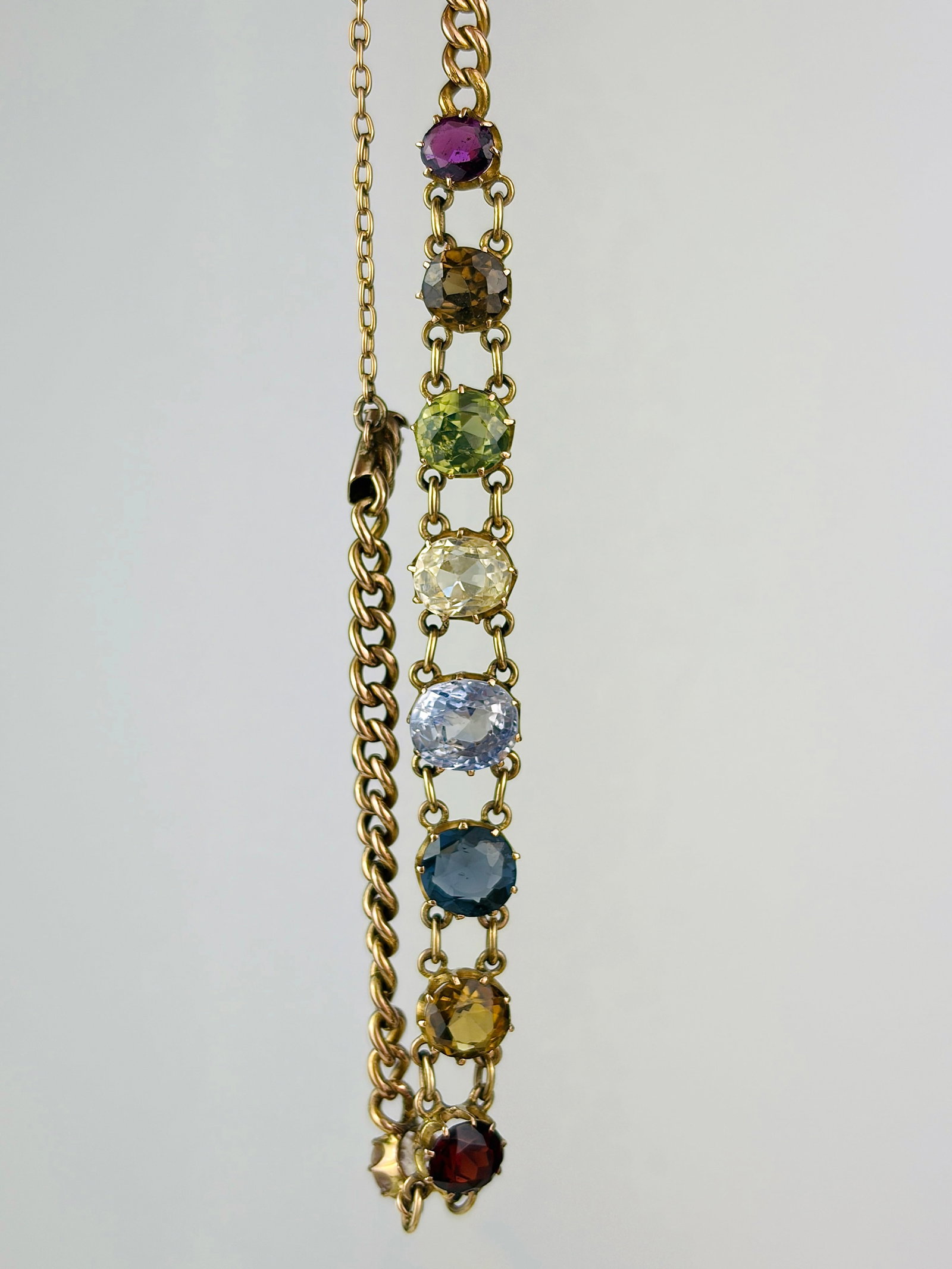 Antique Multigemstone Bracelet in 14ct Yellow Gold: antique multigemstone bracelet in 14ct yellow gold white sapphire tourmaline citrine spinel sapphire topaz tourmaline amethyst 