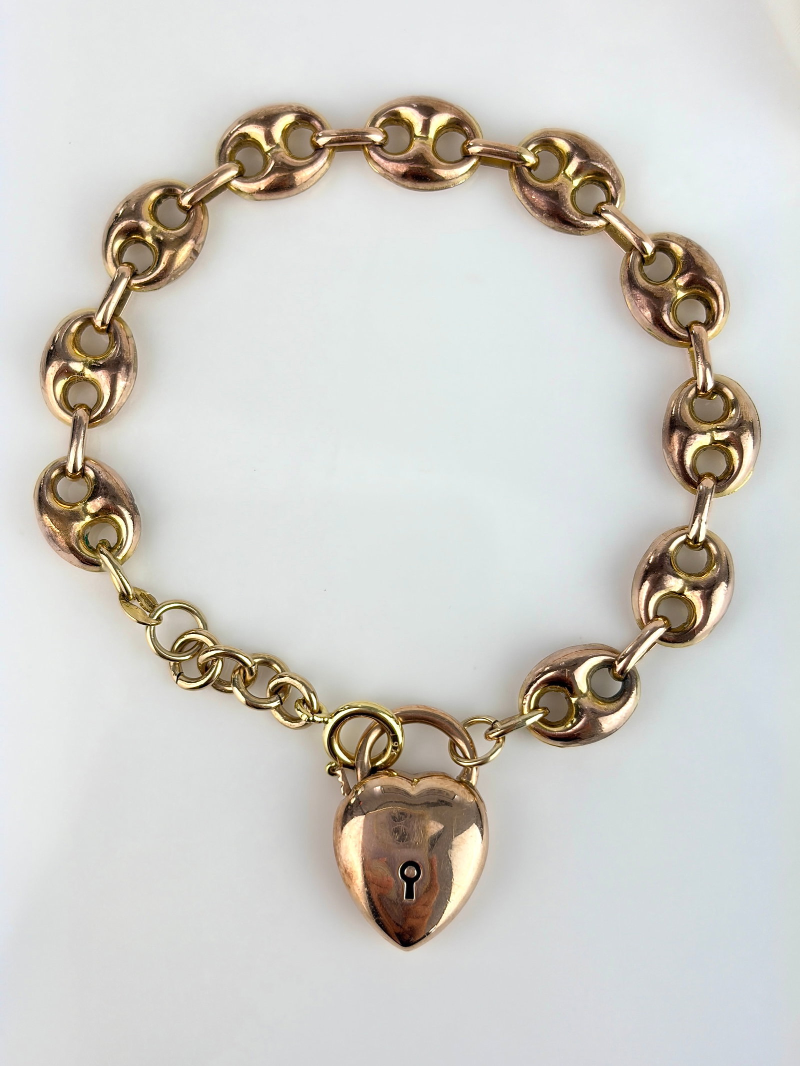 Vintage 9ct Yellow Gold Chubby Mariner Heart Padlock Bracelet (1 of 8)
