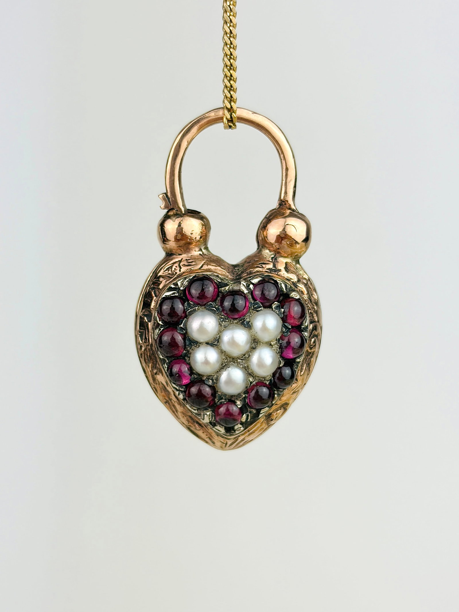 Antique Pearl and Cabochon Garnet Heart Padlock Pendant in 9ct Gold: Antique Pearl and Garnet Heart Padlock Pendant in 9ct Gold Gorgeous plump pearls and cabochon garnets in a puffy heart padlock!