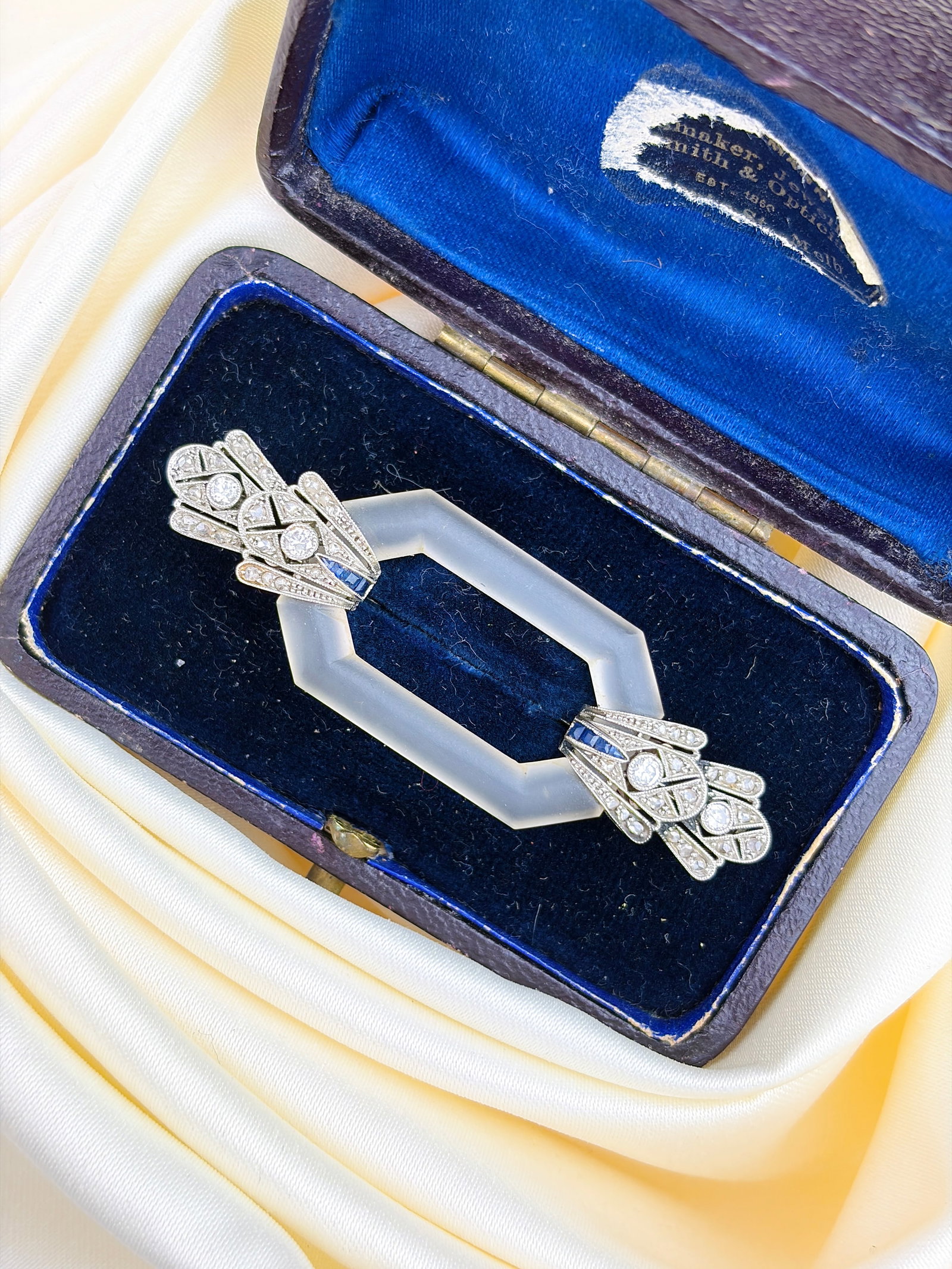 ANTIQUE ART DECO ERA BOXED ROCK CRYSTAL, SAPPHIRE AND DIAMOND BROOCH IN PLATINUM