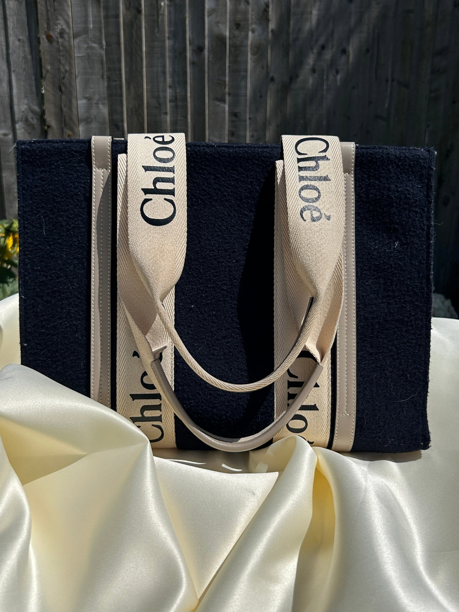 AUTHENTIC CHLOE Woody Medium Leather-Trimmed Houndstooth Wool-Blend Felt Tote