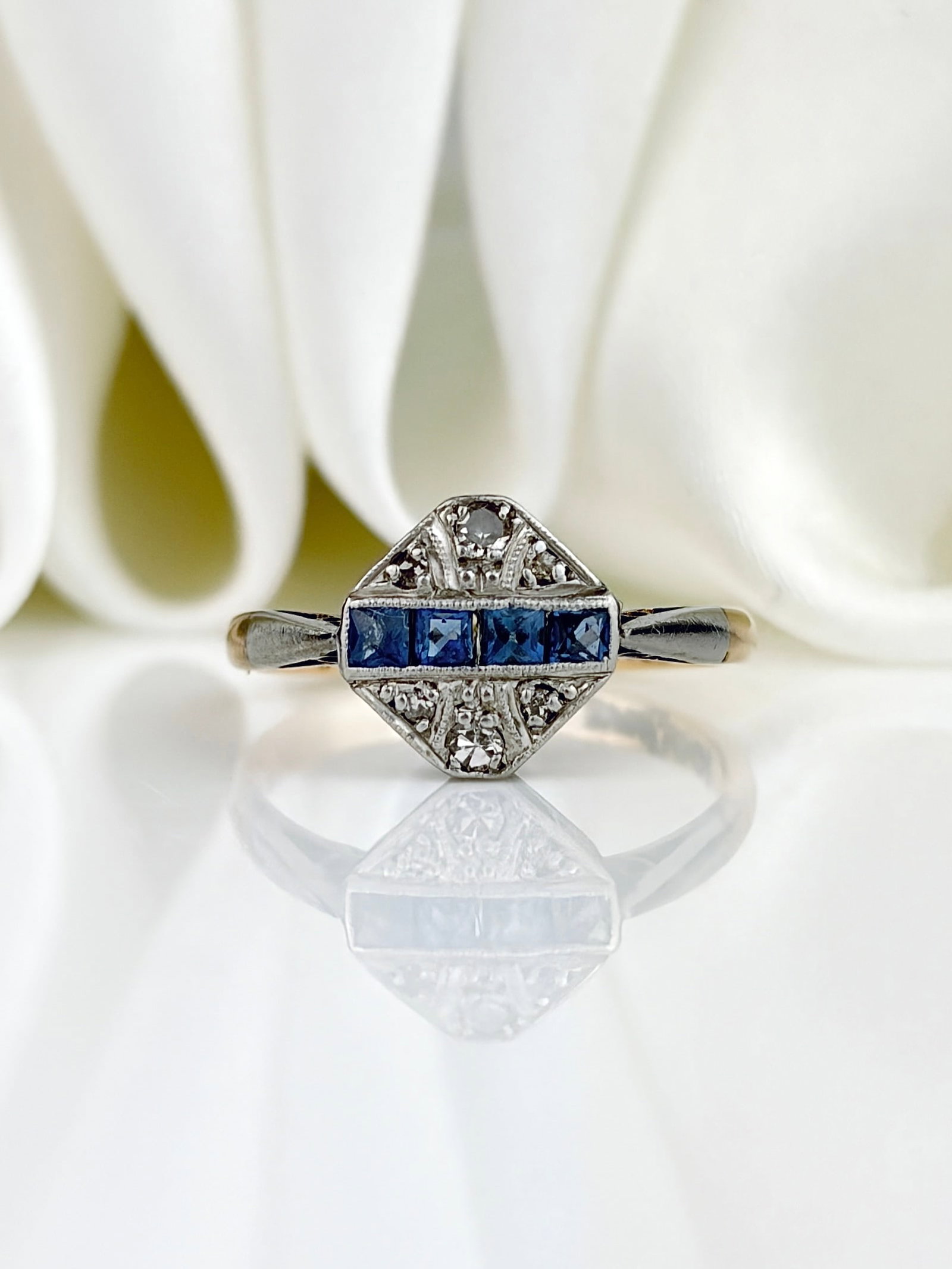 Antique Art Deco 18ct Gold and Platinum Sapphire and Diamond Panel Ring: Antique Art Deco 18ct Gold and Platinum Sapphire and Diamond Panel Ring Such a pretty ring crafted in the Art Deco era!