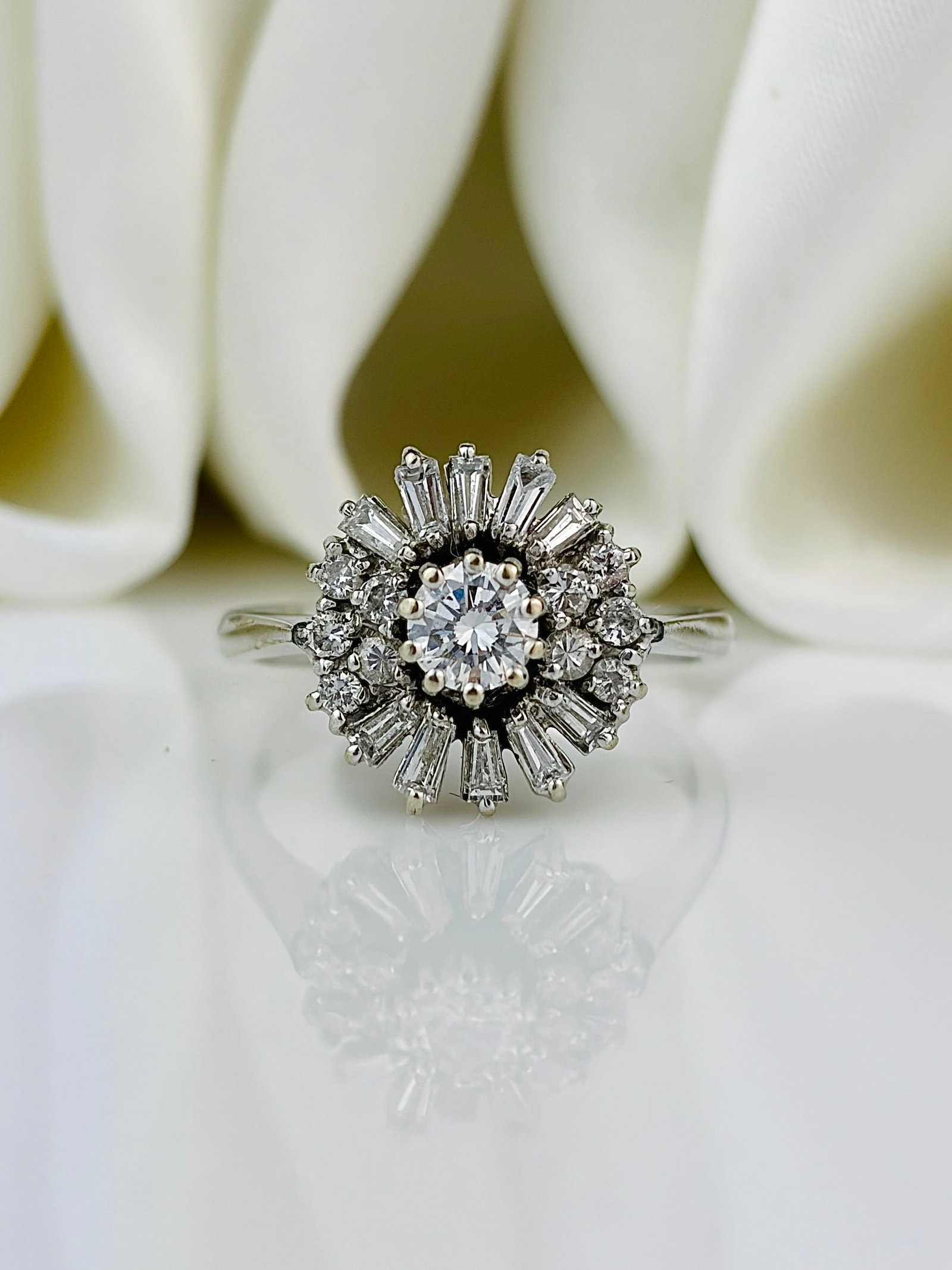 Vintage Diamond and 18 Carat White Gold Cluster Ring: vintage Diamond and 18 Carat White Gold Cluster Ring It is modelled in 18carat white gold and the diamonds have a total weight of 45pts. Size: M 1/2 or 6 1/2 Panel Dimension: 13x12mm Height Off 