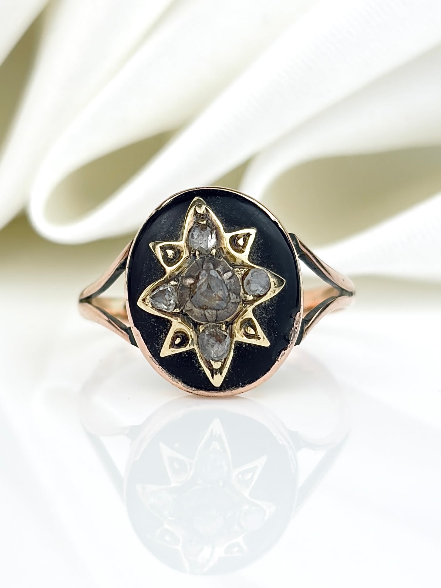 ANTIQUE VICTORIAN STAR SET ROSE CUT DIAMOND AND BLACK ENAMEL RING IN GOLD: ANTIQUE VICTORIAN ROSE CUT DIAMOND AND BLACK ENAMEL RING IN GOLD A stunning antique Victorian era ring, with rose cut diamonds set into a star shape!