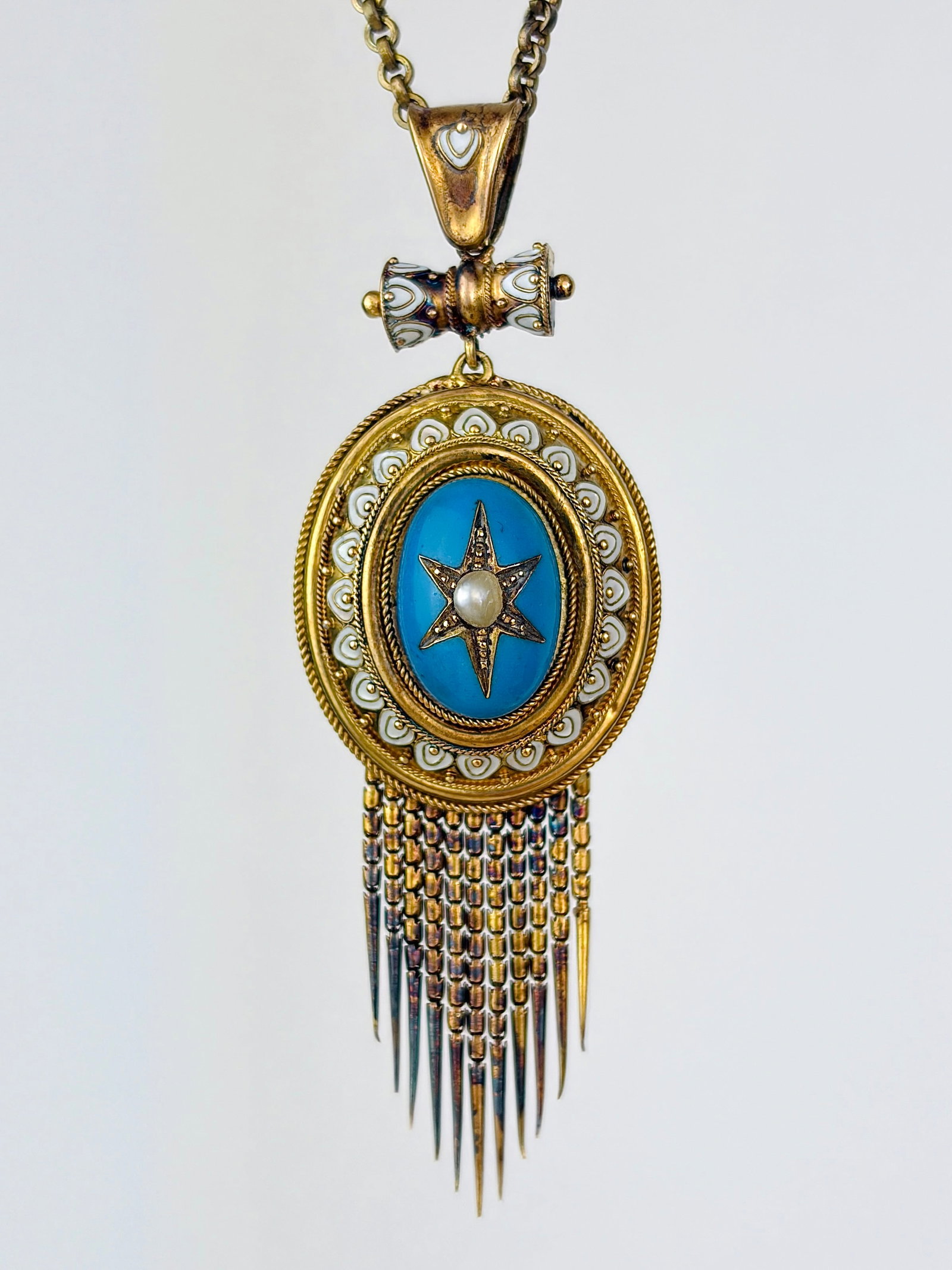 Antique Boxed Blue and White Enamel and Pearl Fringe Locket Back Pendant: Antique Boxed Blue and White Enamel and Pearl Fringe Locket Back Pendant Incredible Antique Boxed Blue and White Enamel and Pearl Fringe Locket Back Pendant on Chain The most charming detailed pendant