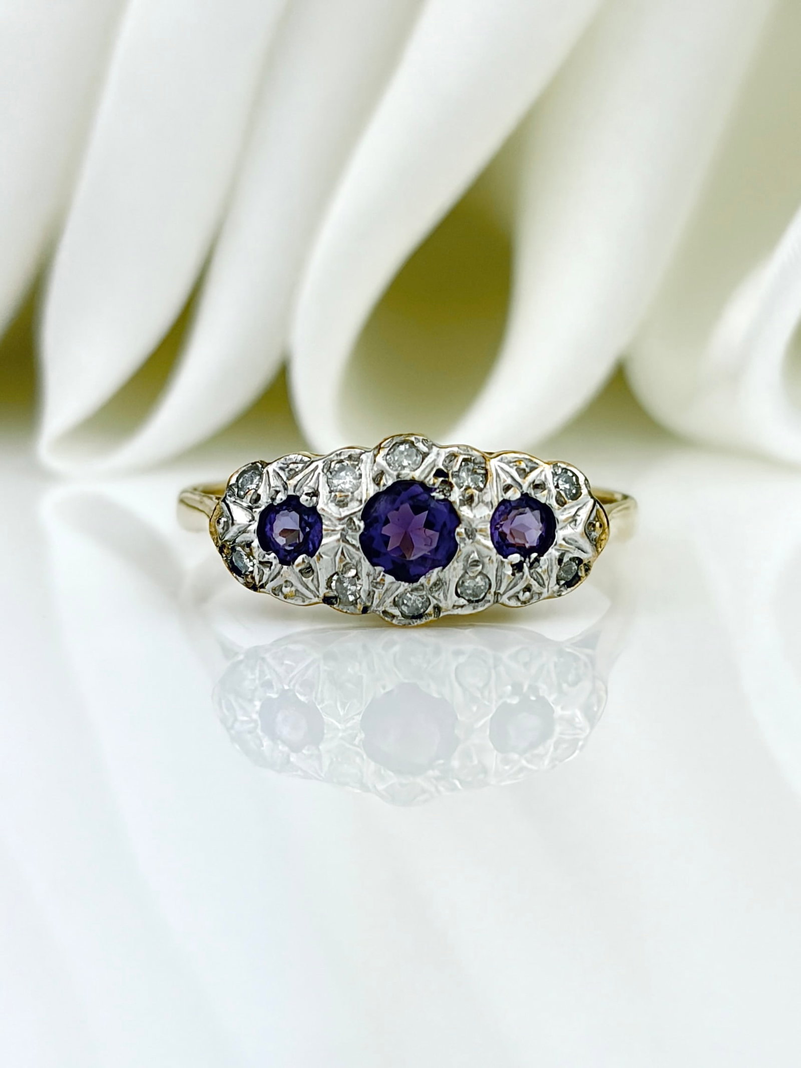 Vintage 9ct Gold Amethyst and Diamond Triple Cluster Ring (1 of 9)