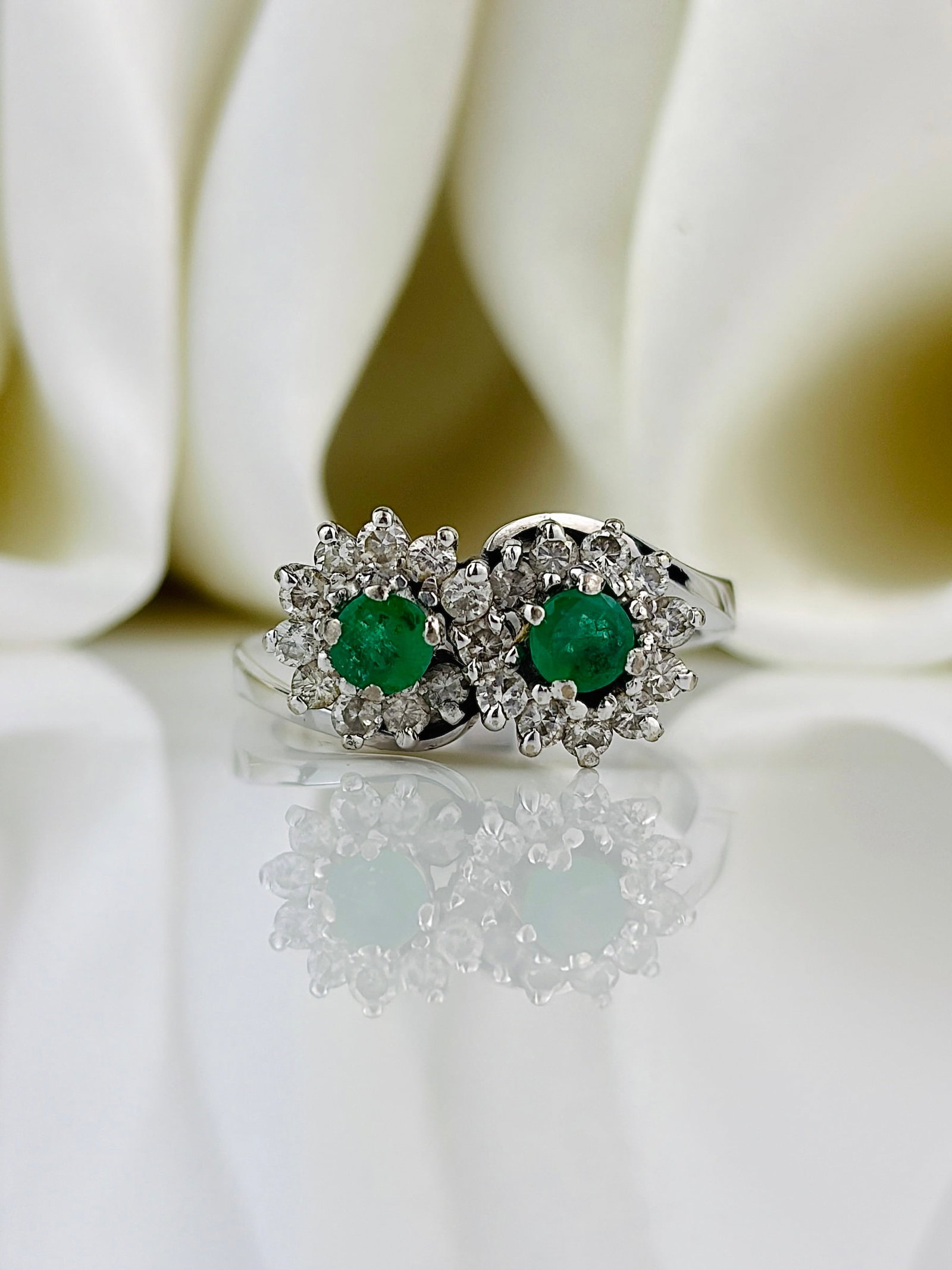 Vintage 18 Carat White Gold Emerald and Diamond Double Cluster Ring